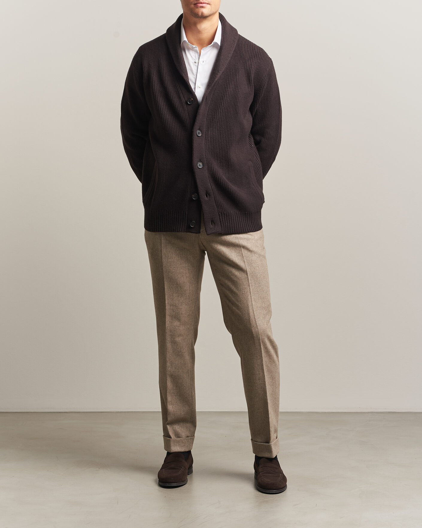 Homme | Pulls Et Tricots | Charles Tyrwhitt | Chunky Merino Shawl Neck Cardigan Chocolate