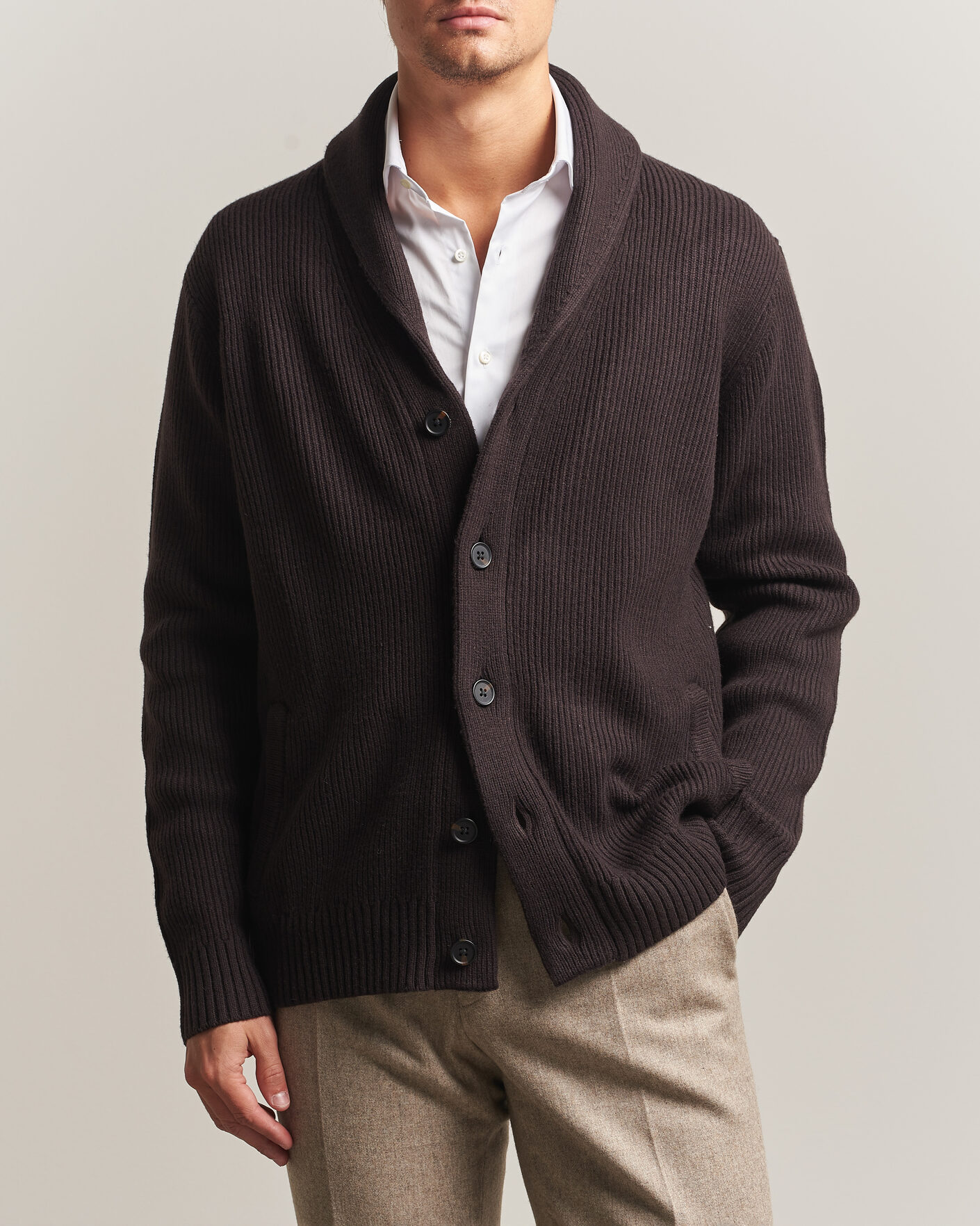 Homme | Pulls Et Tricots | Charles Tyrwhitt | Chunky Merino Shawl Neck Cardigan Chocolate