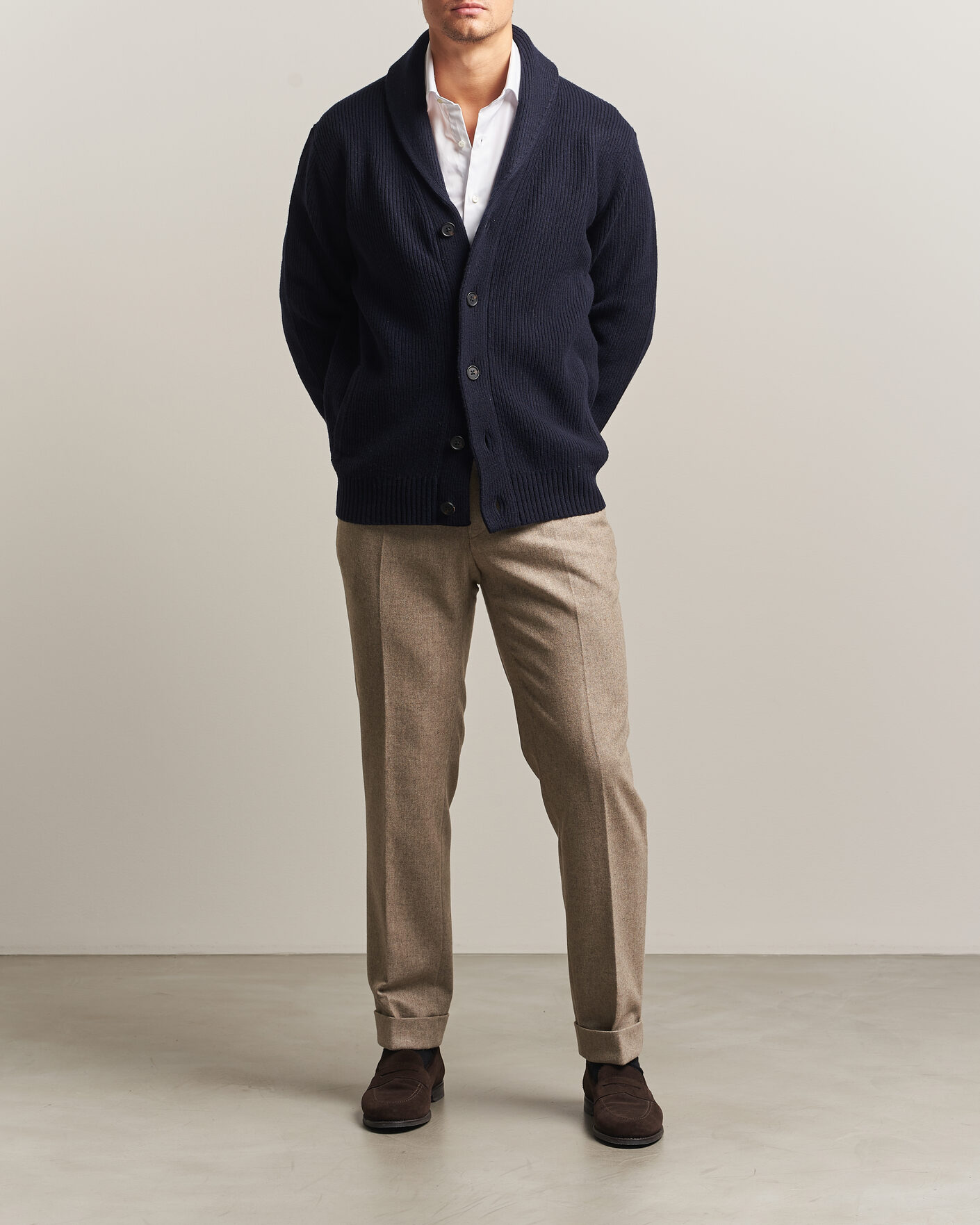 Homme | Pulls Et Tricots | Charles Tyrwhitt | Chunky Merino Shawl Neck Cardigan Navy
