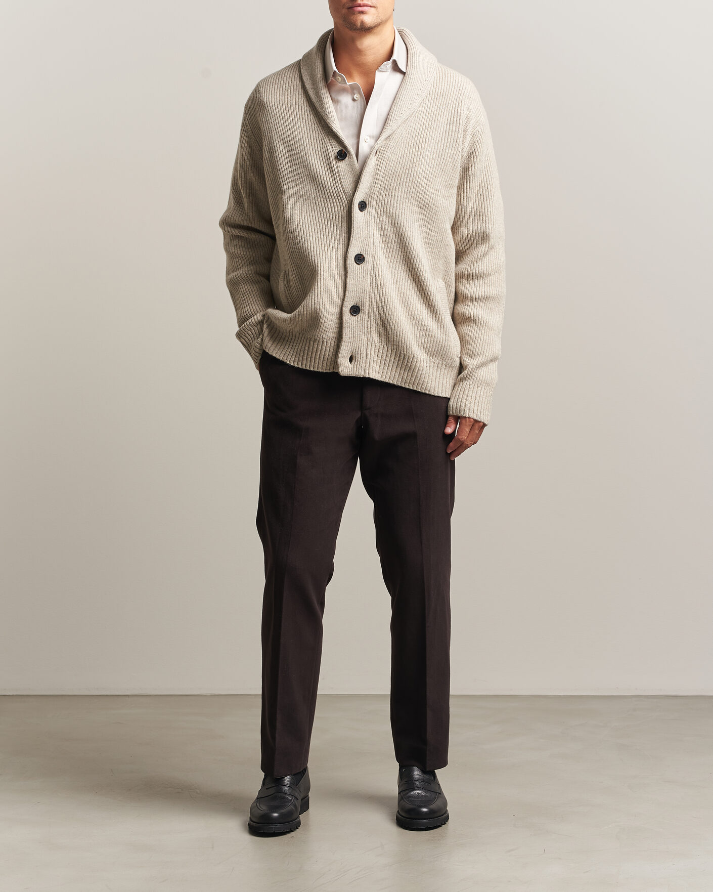 Homme | Pulls Et Tricots | Charles Tyrwhitt | Chunky Merino Shawl Neck Cardigan Oat