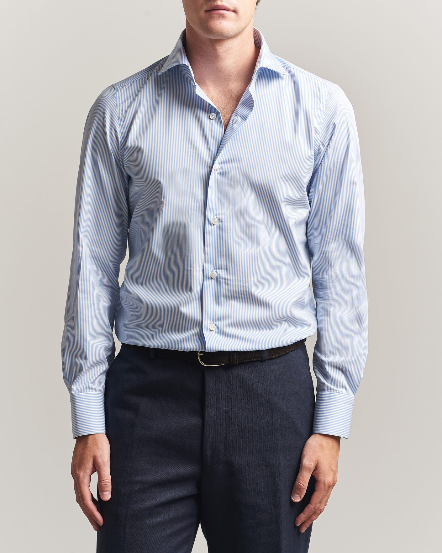 Homme | Chemises | Finamore Napoli | Milano Slim Traveller Cotton Shirt Blue Stripe