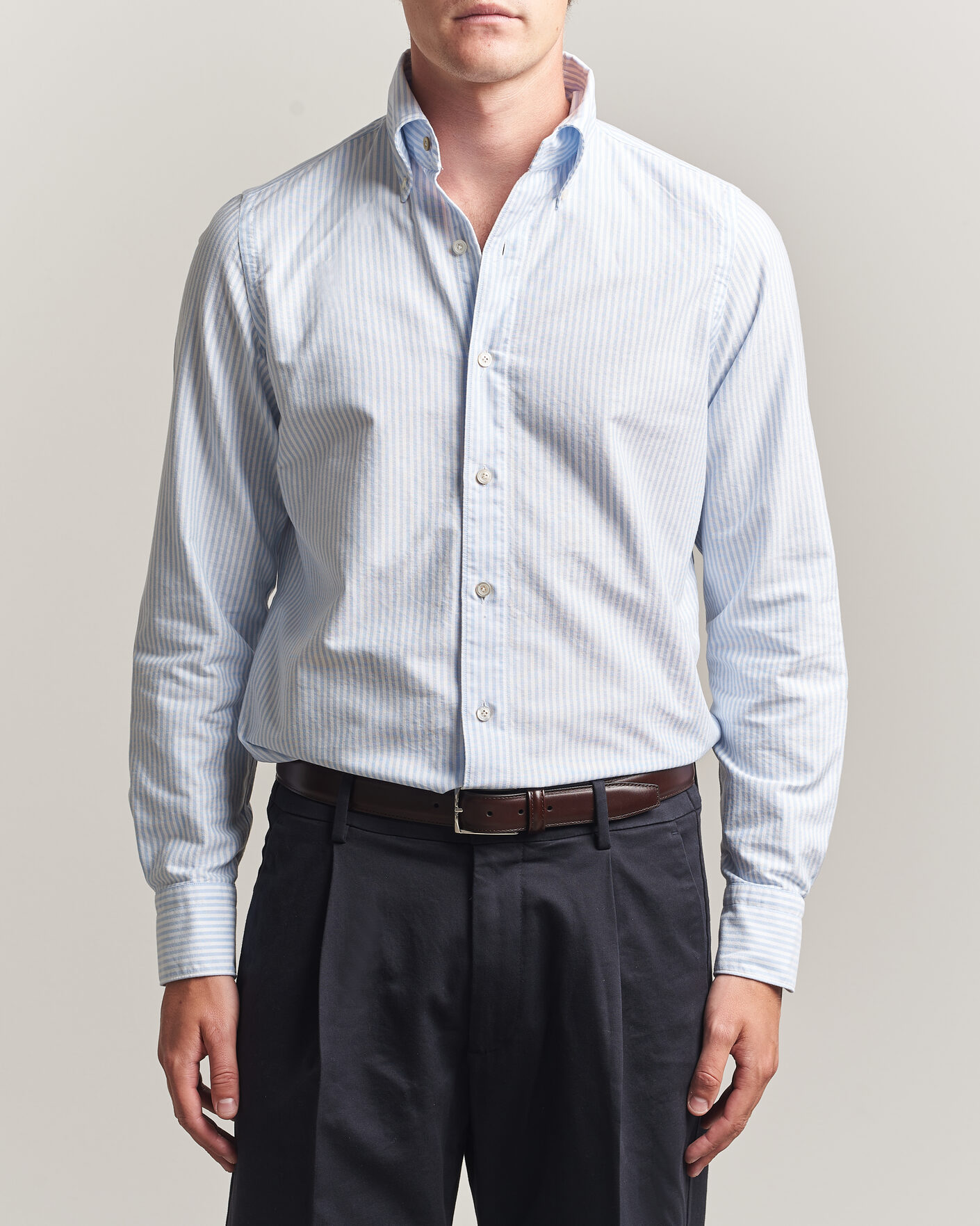 Homme | Chemises | Finamore Napoli | Gaeta Oxford Button Down Shirt Light Blue Stripe