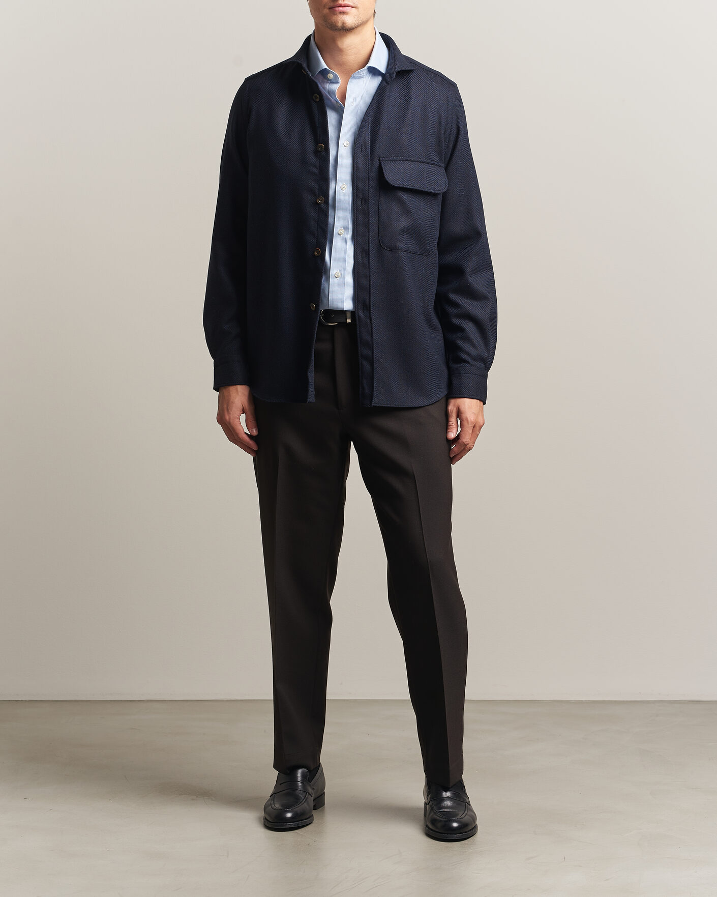 Homme | Chemises | Finamore Napoli | Wool Herringbone Overshirt Navy