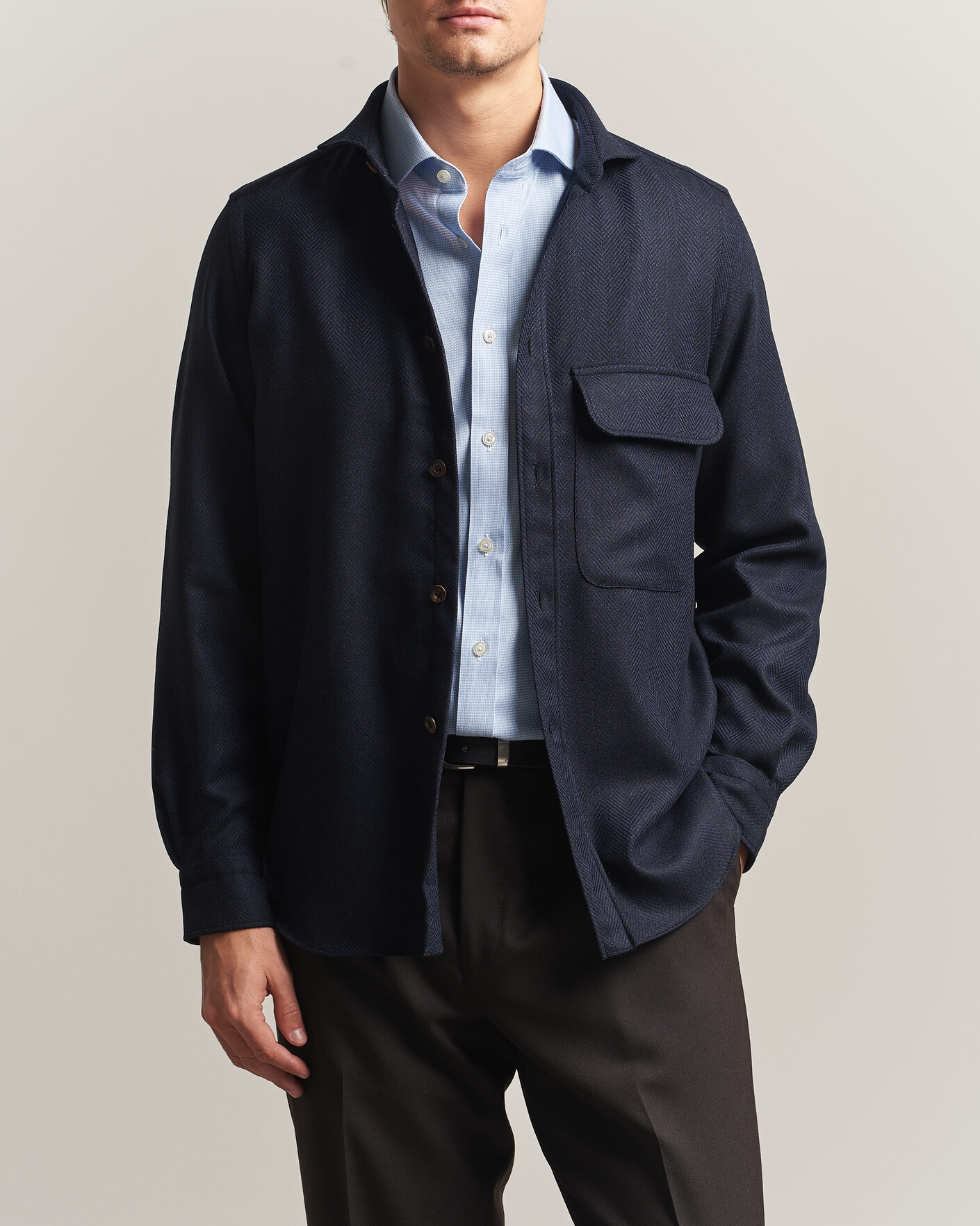 Homme | Chemises | Finamore Napoli | Wool Herringbone Overshirt Navy