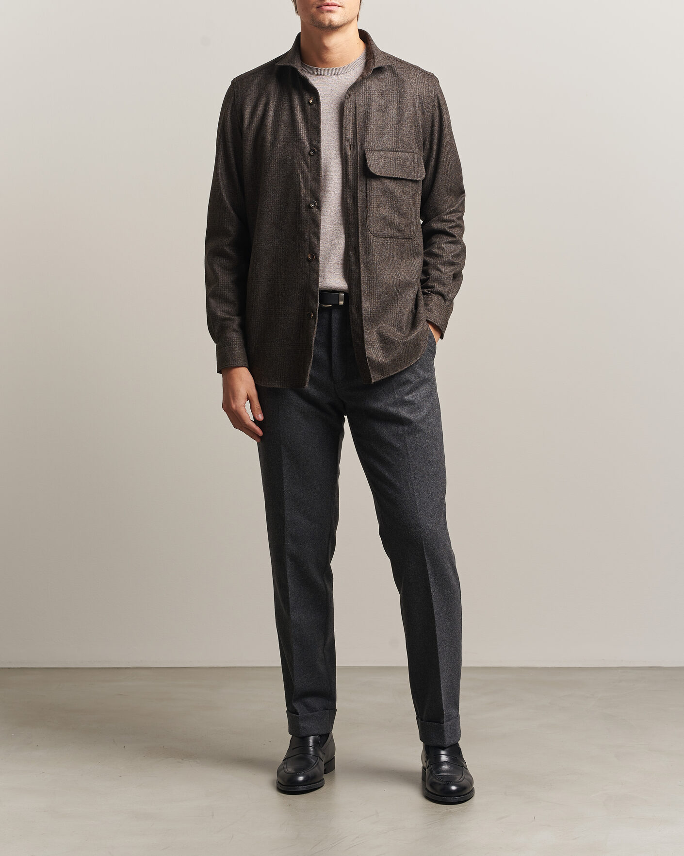 Homme | Chemises | Finamore Napoli | Wool Houndstooth Overshirt Dark Brown