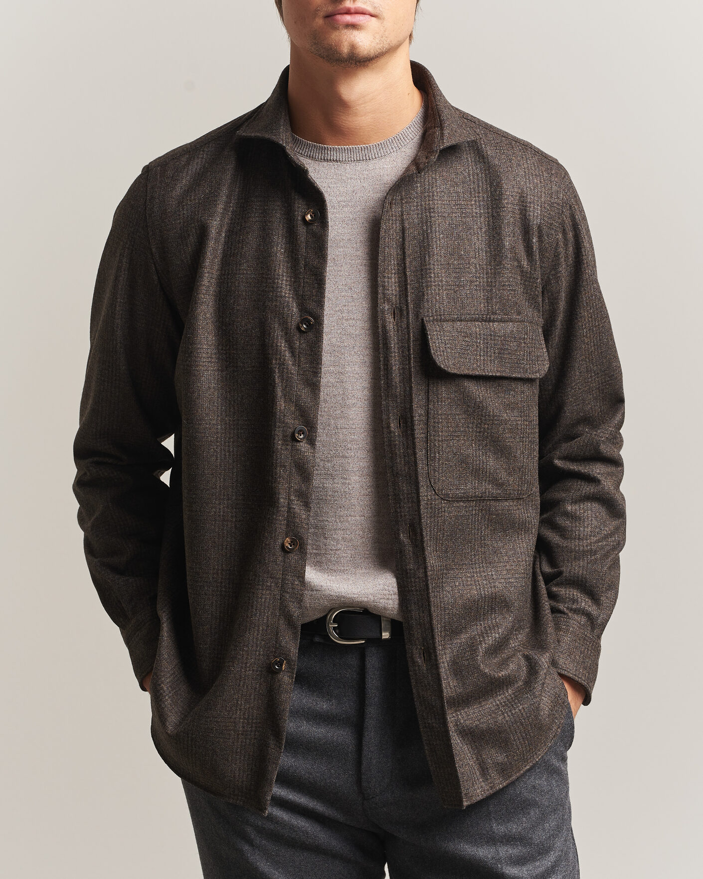Homme | Chemises | Finamore Napoli | Wool Houndstooth Overshirt Dark Brown