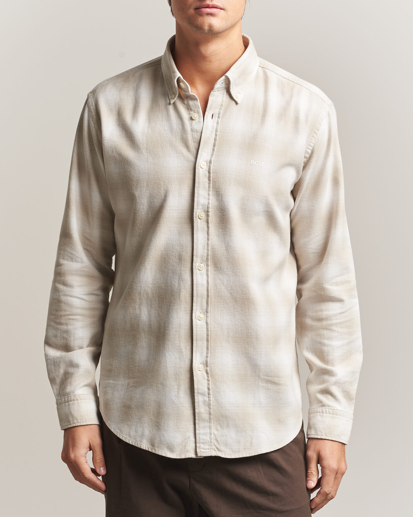 Homme | Chemises | BOSS ORANGE | Rickert Brushed Cotton Checked Shirt Light Beige