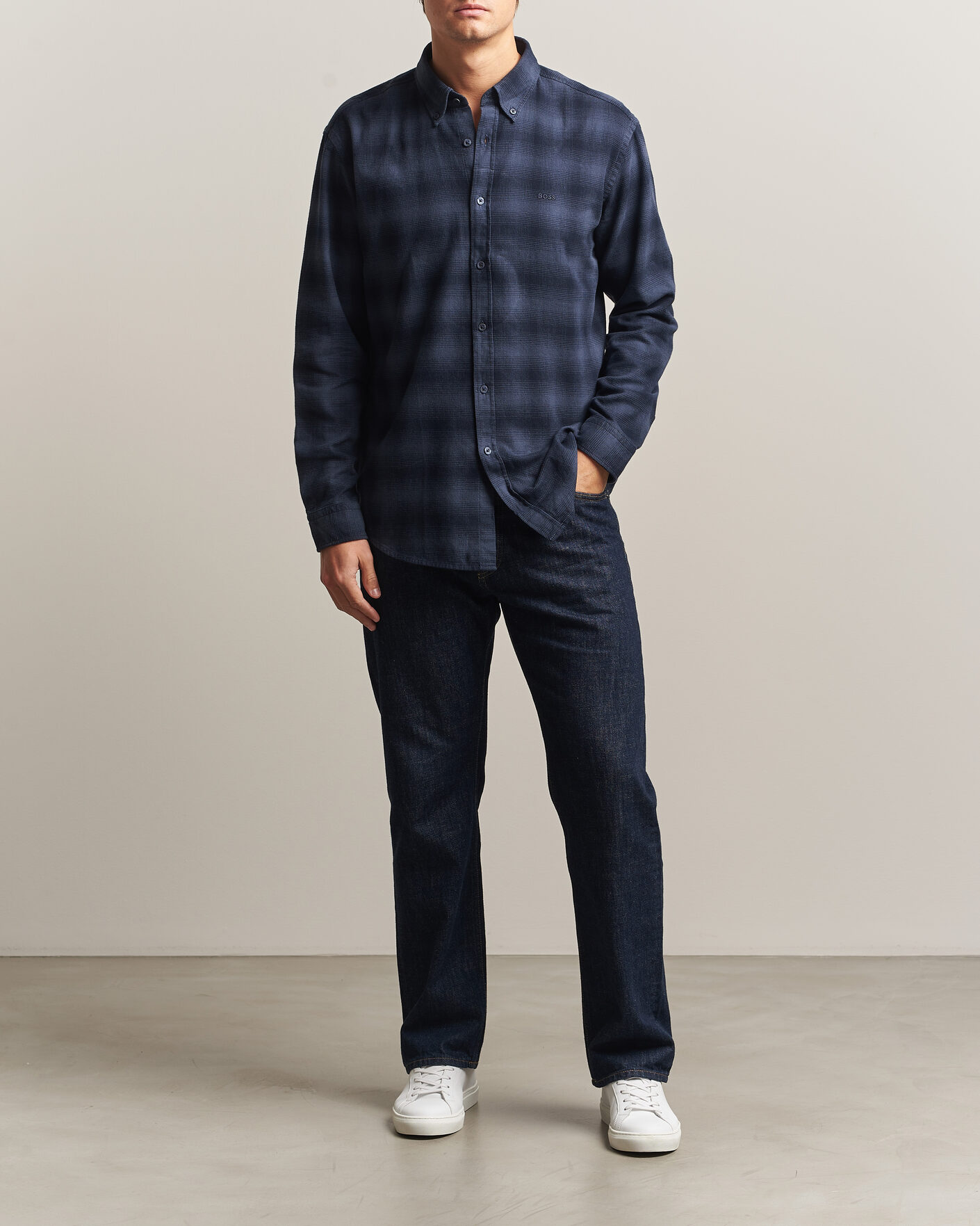 Homme | Chemises | BOSS ORANGE | Rickert Brushed Cotton Checked Shirt Dark Blue