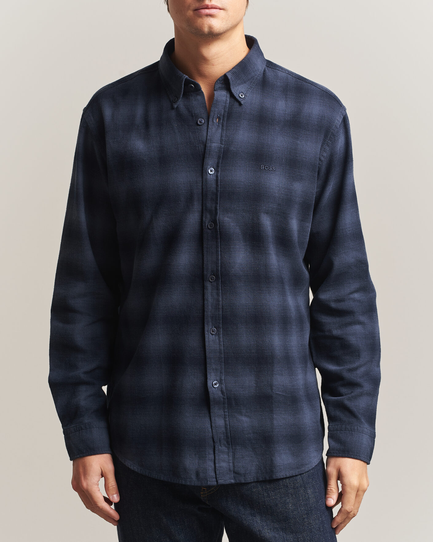 Homme | Chemises | BOSS ORANGE | Rickert Brushed Cotton Checked Shirt Dark Blue
