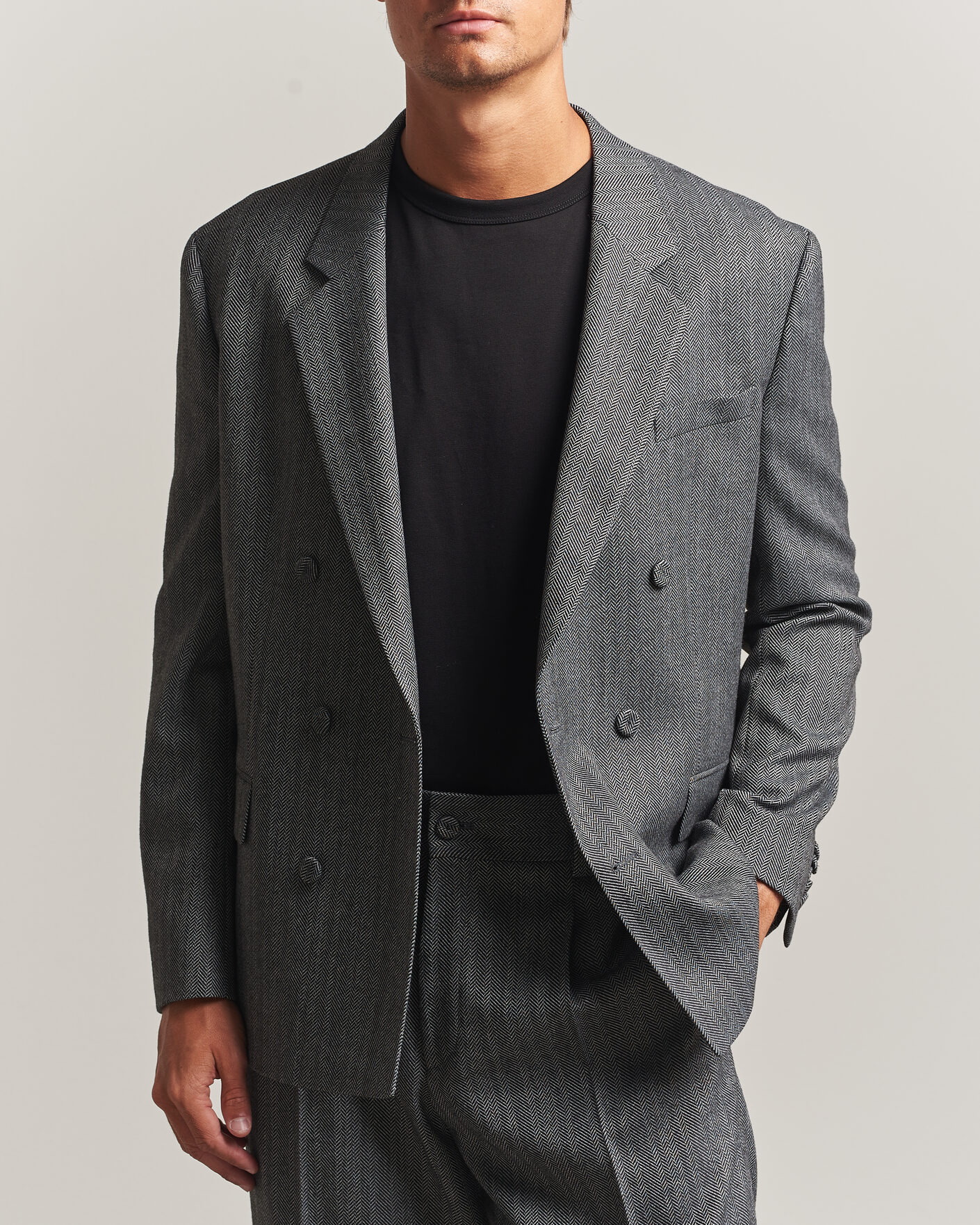 Homme | Blazers | HUGO | Karlo Herringbone Double Breasted Blazer Dark Grey