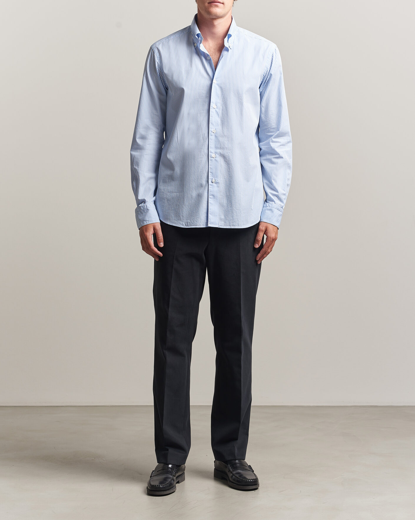 Homme | Chemises | Grigio | Popeline Button Down Shirt Light Blue Stripe