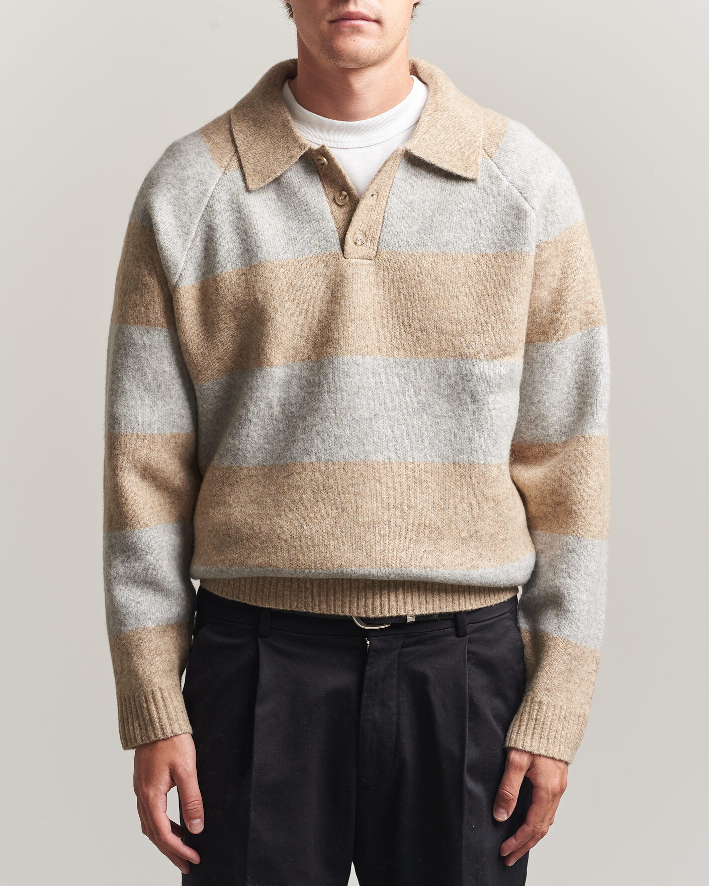 Homme | Pulls Et Tricots | LES DEUX | Striped Melange Knit Polo Light Sand Melange