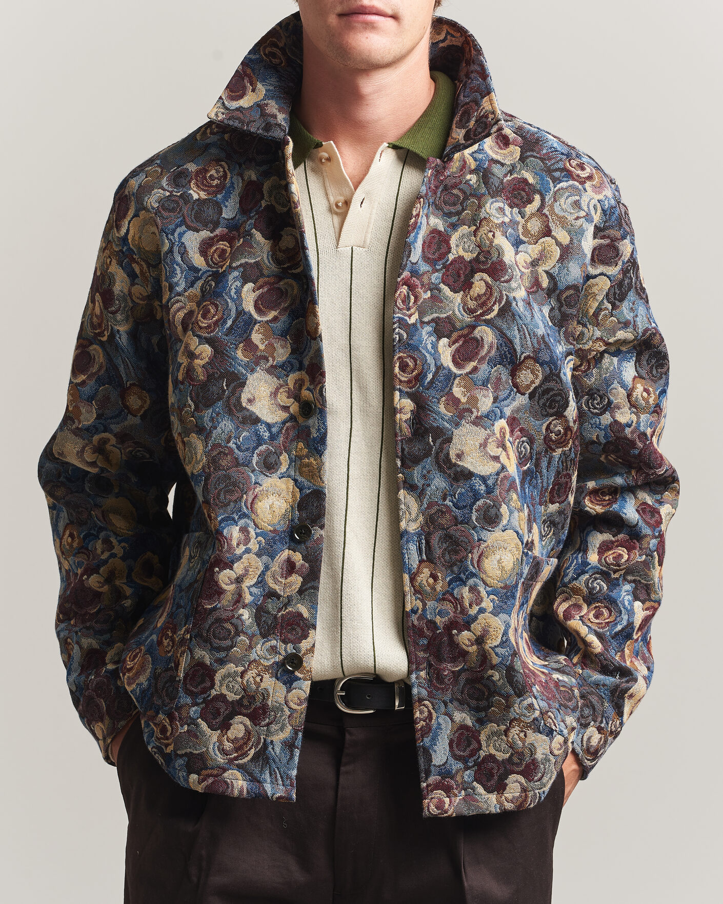 Homme | Chemises | LES DEUX | Flower Jaquard Overshirt Blue Multi