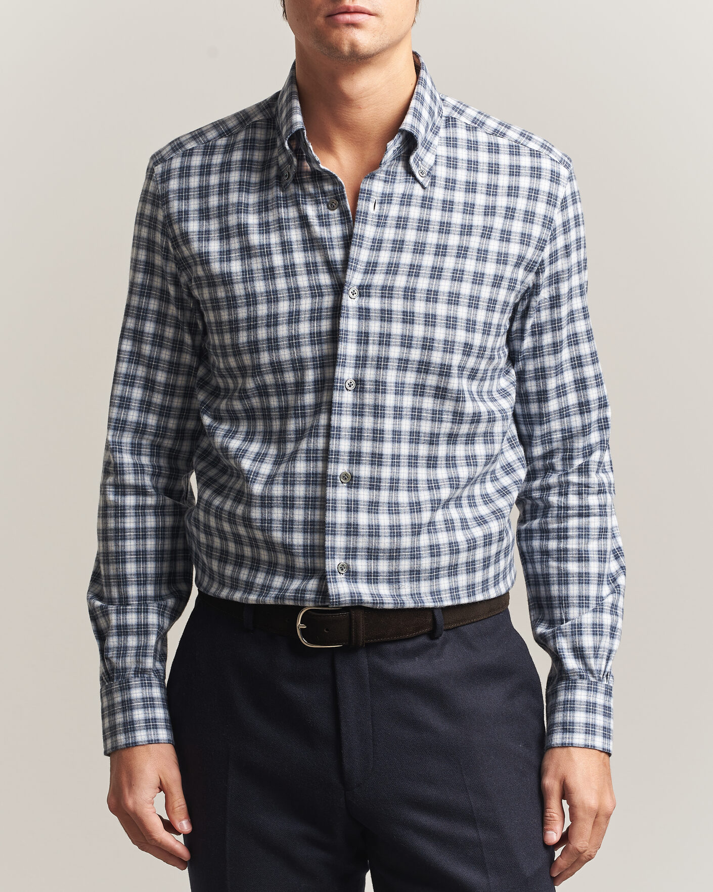 Homme | Chemises | Mazzarelli | Soft Flannel Button Down Shirt Navy