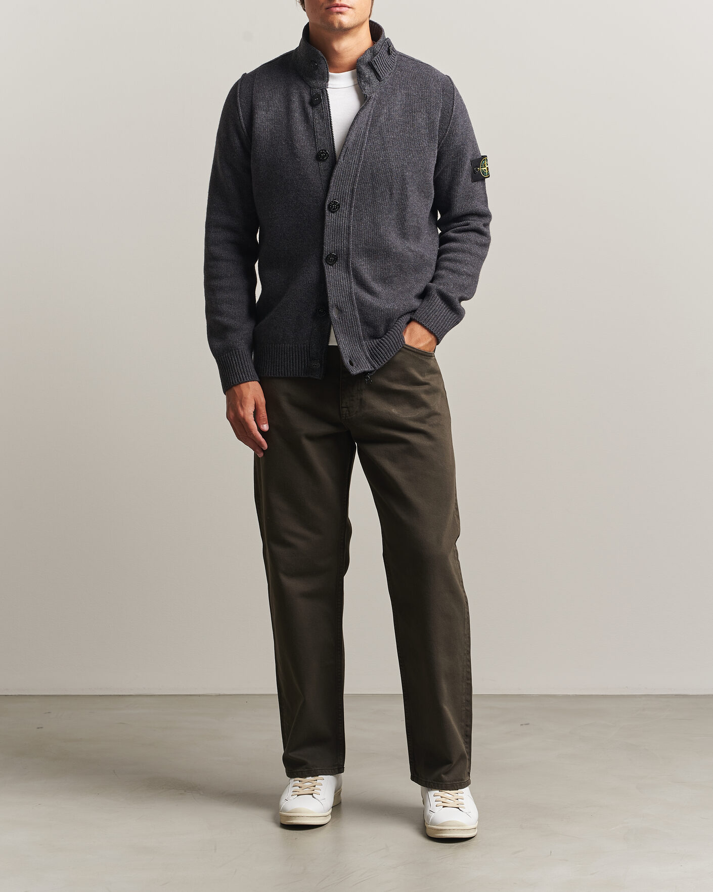 Homme | Pulls Et Tricots | Stone Island | Knitted Lambswool Zip Button Cardigan Melange Lead