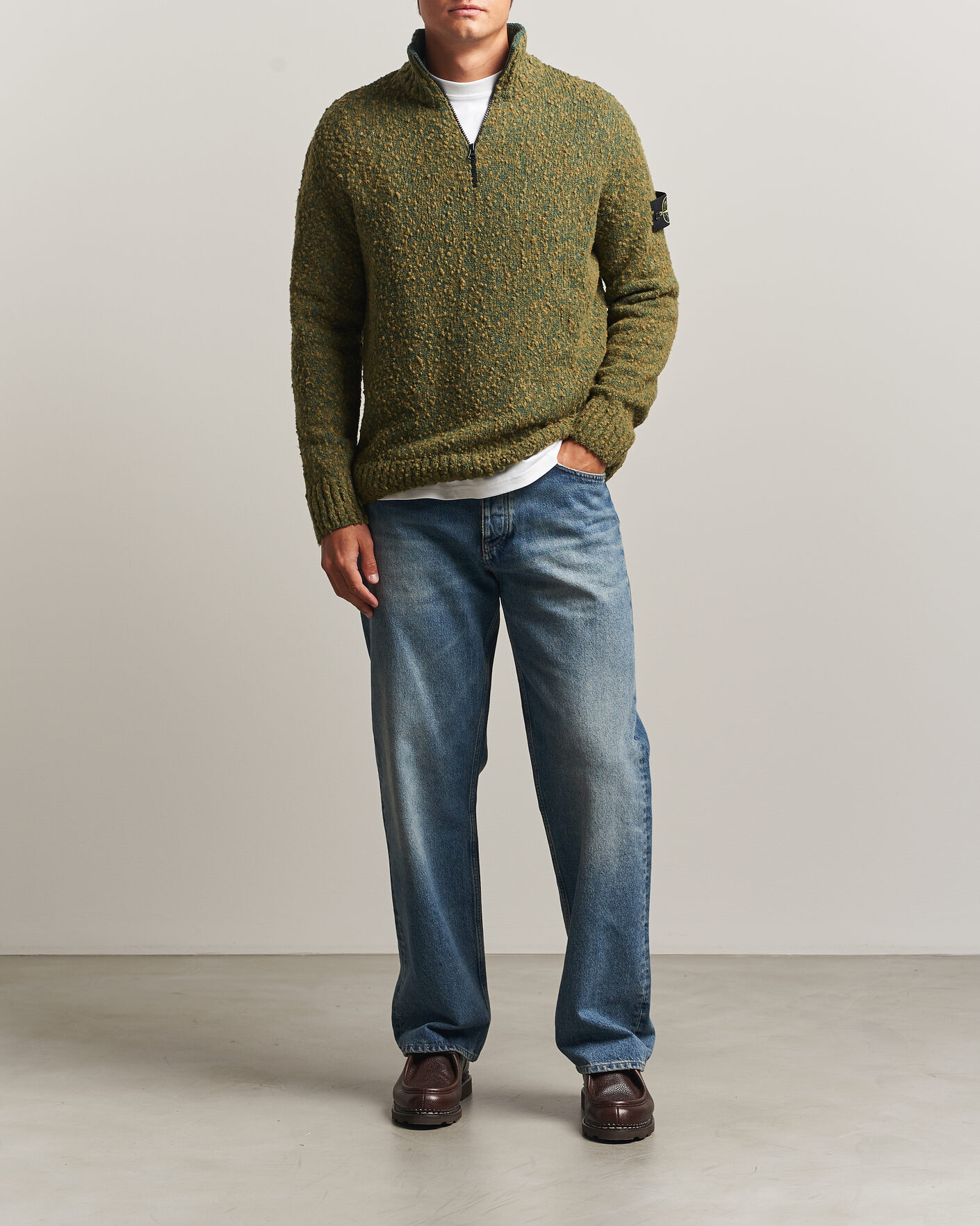 Homme | Pulls Et Tricots | Stone Island | Speckled Wool/Nylon Half Zip Dark Green Melange