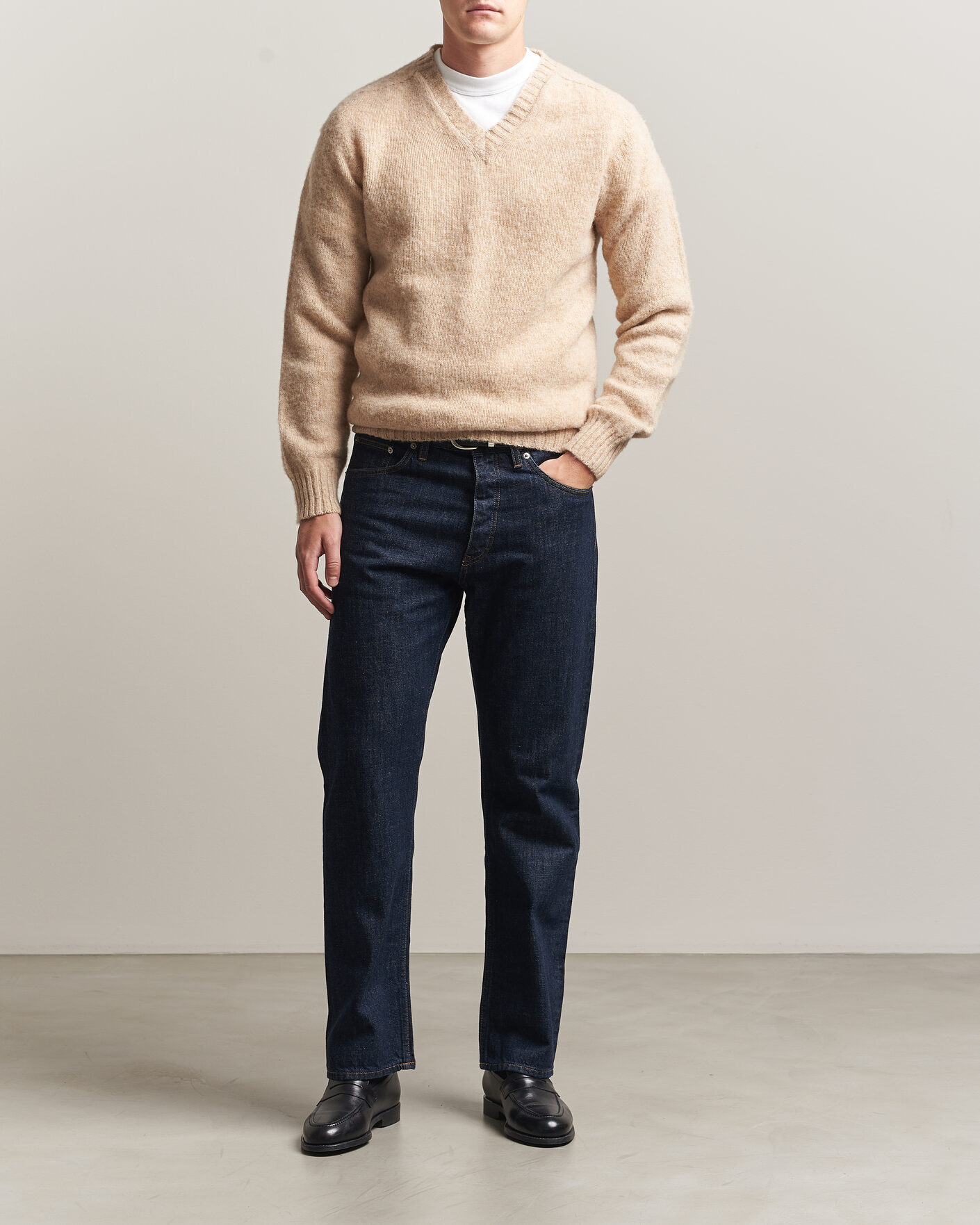 Homme | Pulls Et Tricots | Harley Of Scotland for Care of Carl | Brushed Supersoft Lambswool V-Neck Beige