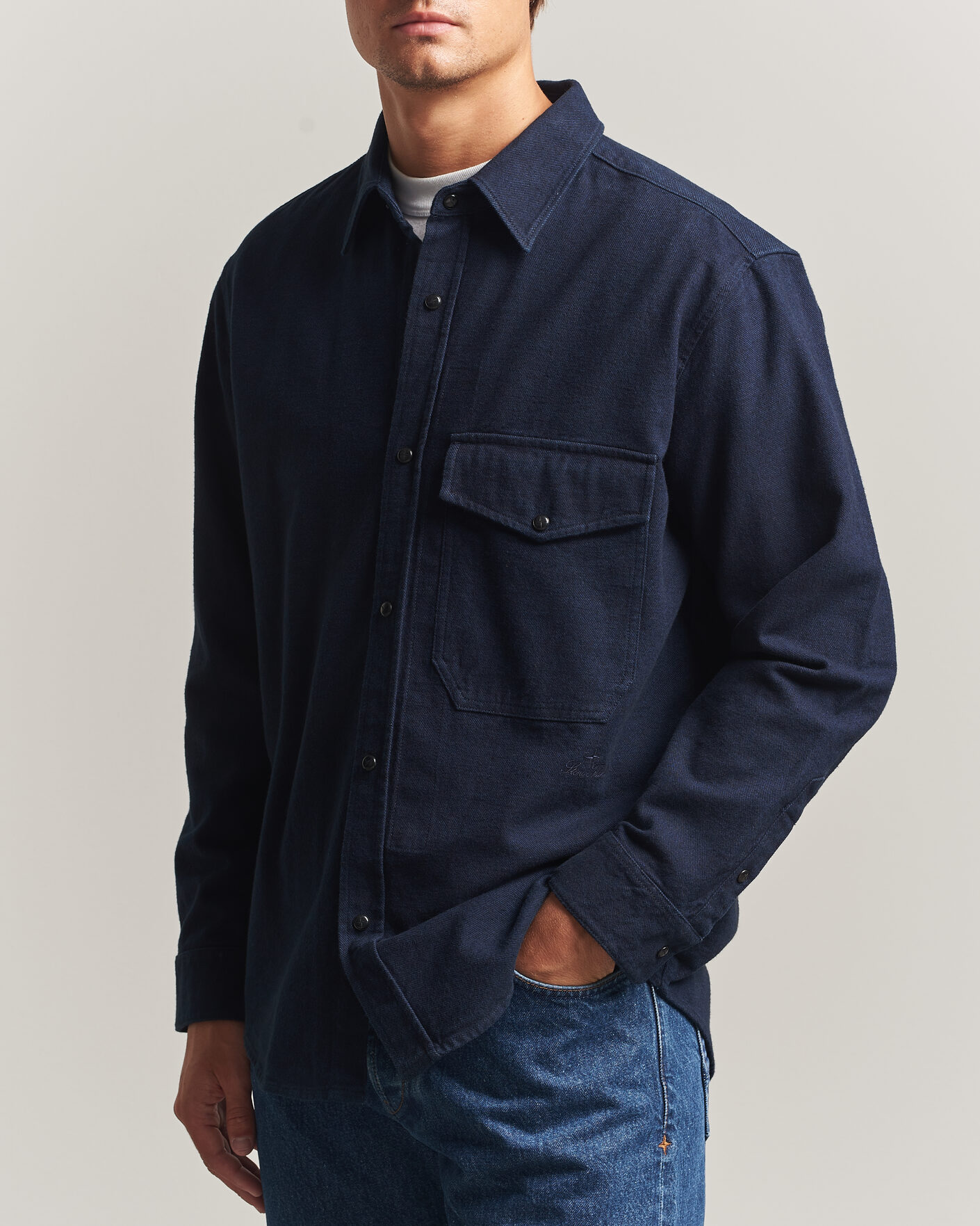Homme | Chemises | Stone Island | Organic Cotton Flannel Denim Shirt Indigo