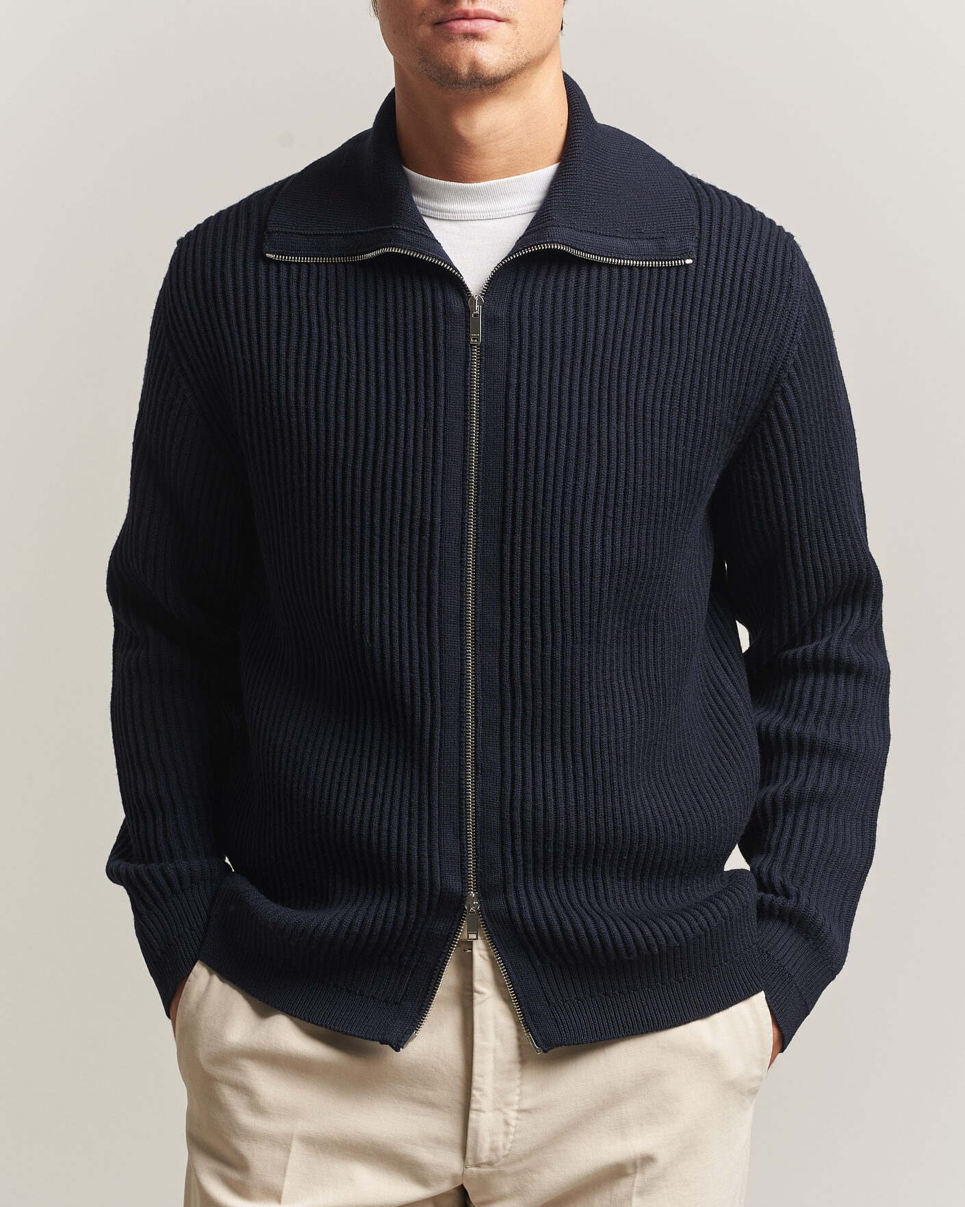 Homme | Pulls Et Tricots | Zanone | Fishermans Rib Full Zip Cardigan Navy