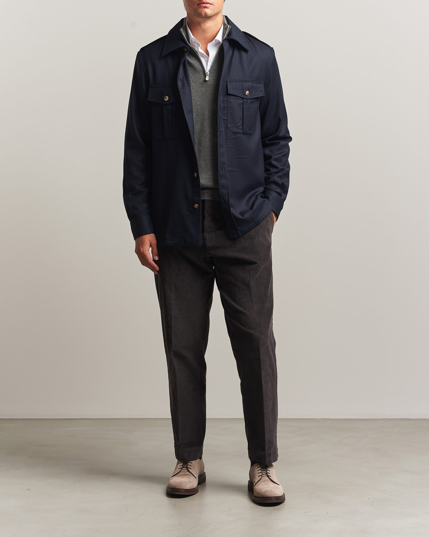 Homme | Chemises | Brunello Cucinelli | Flannel Double Pocket Overshirt Navy