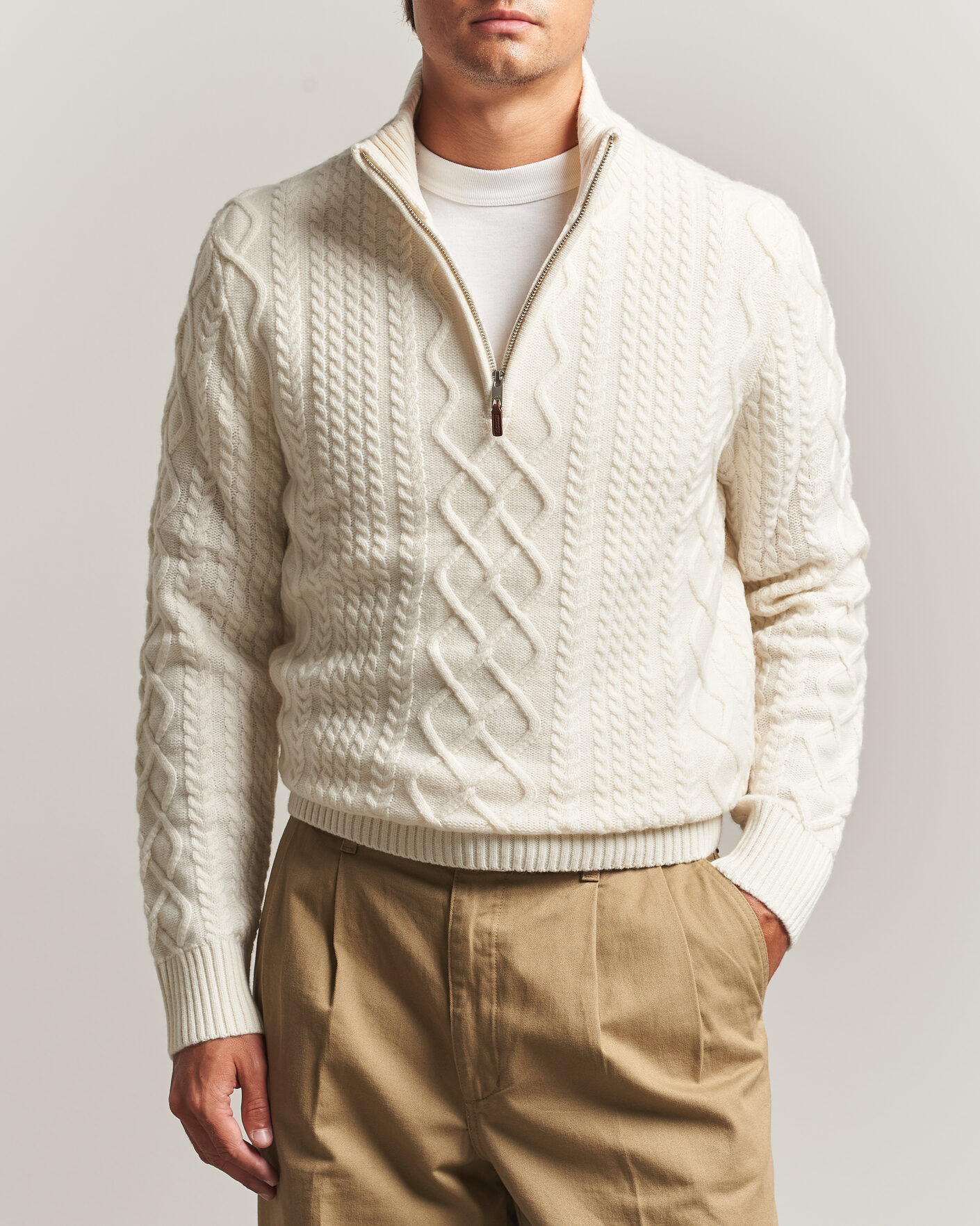 Homme | Pulls Et Tricots | Gant | Wool Cable Knitted Half Zip Cream