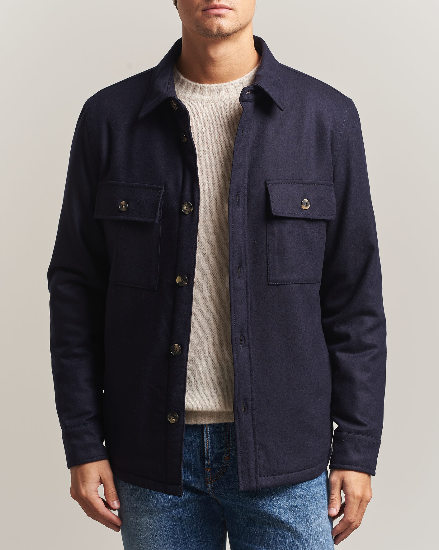 Homme | Manteaux Et Vestes | Jacob Cohën | Wool Flannel Eco Fur Lined Shirt Jacket Navy