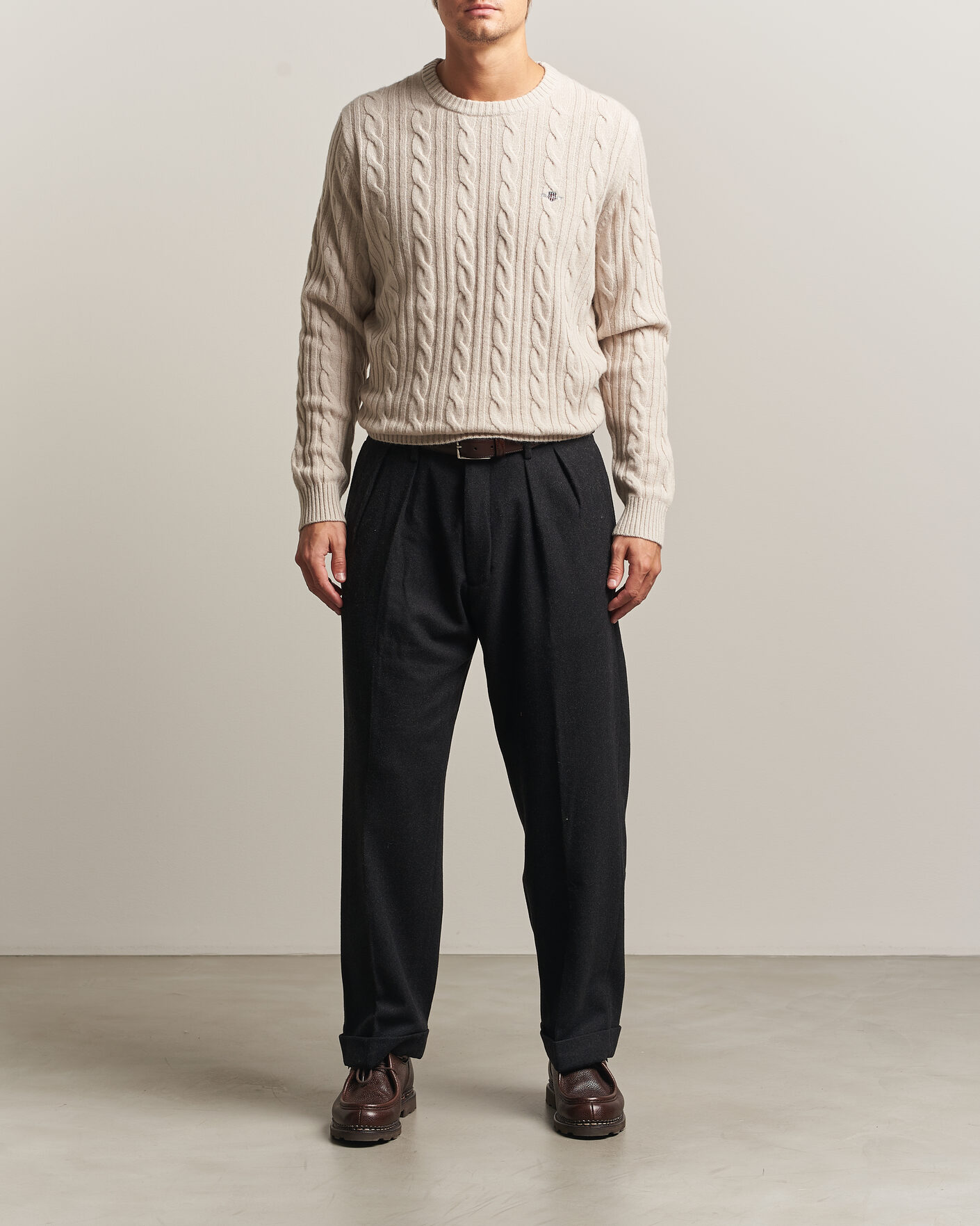 Homme | Pulls Et Tricots | Gant | Lambswool Cable Crew Neck Clay Beige