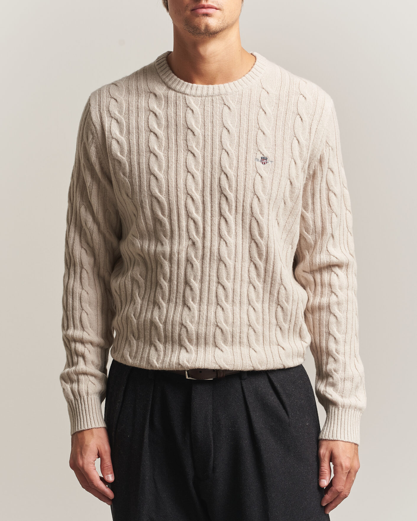 Homme | Pulls Et Tricots | Gant | Lambswool Cable Crew Neck Clay Beige