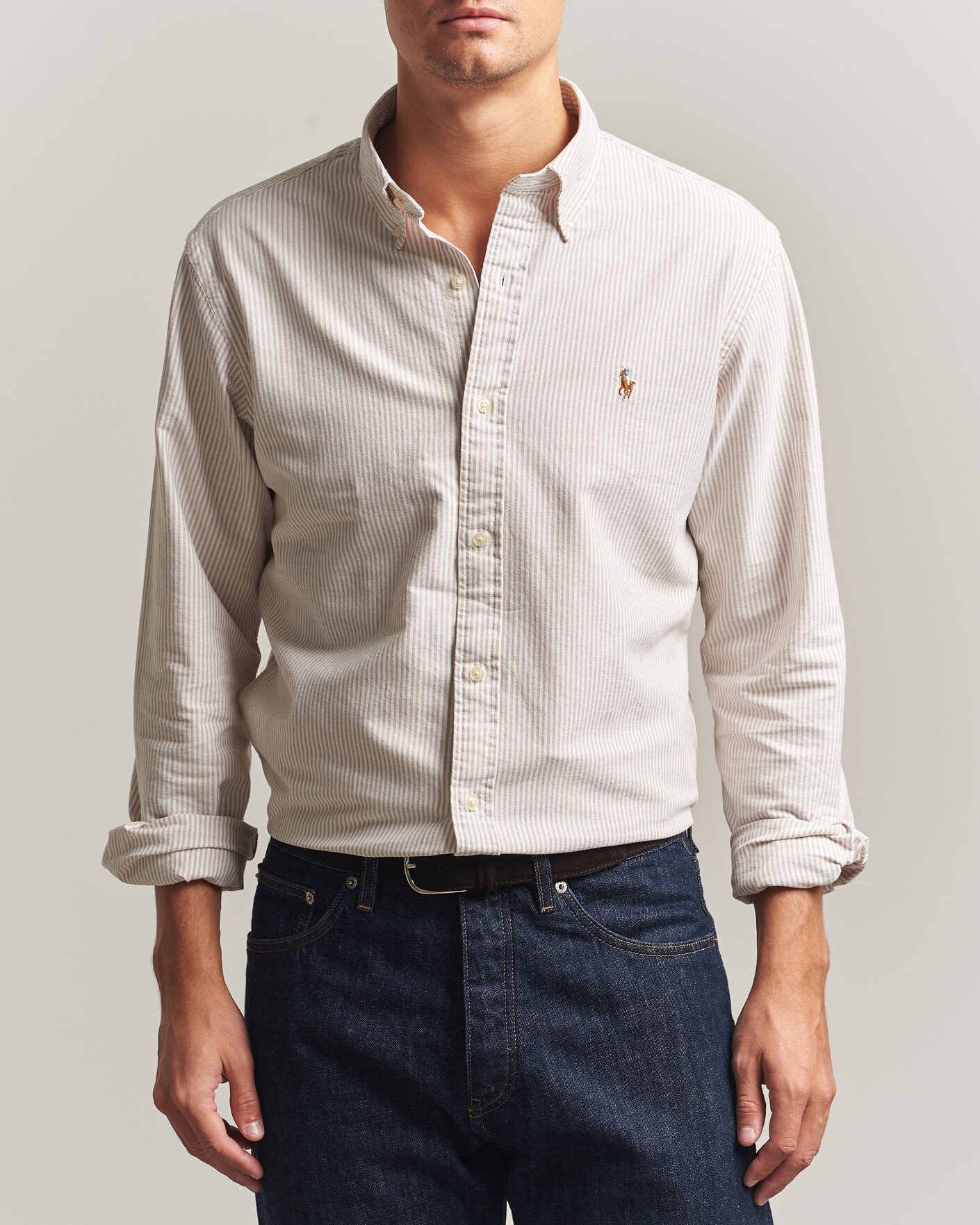 Homme | Chemises | Polo Ralph Lauren | Custom Fit Striped Oxford Shirt Camel/White