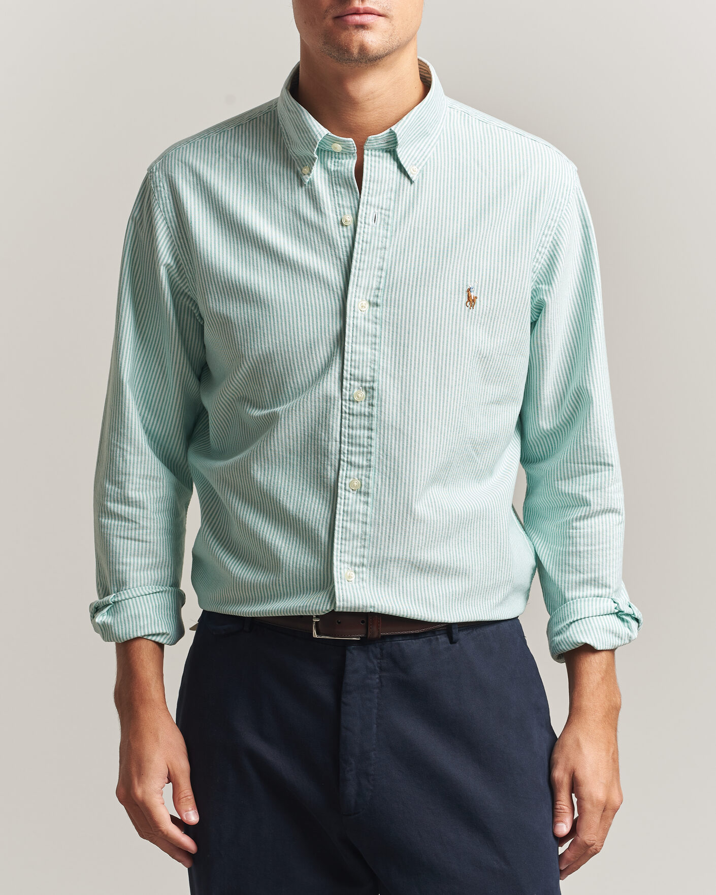 Homme | Chemises | Polo Ralph Lauren | Custom Fit Striped Oxford Shirt Scarab Green/White