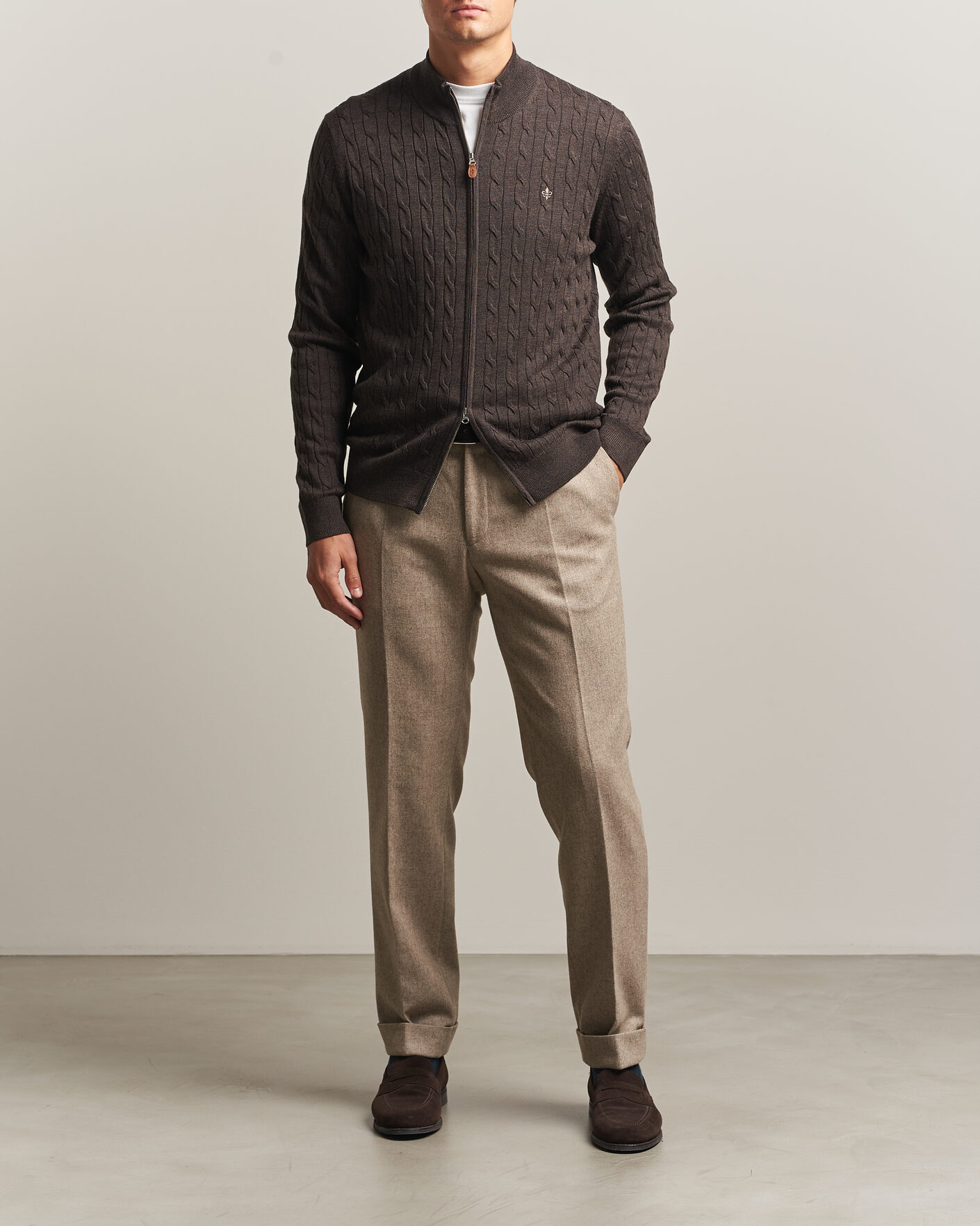 Homme | Pulls Et Tricots | Morris | Merino Cable Zip Cardigan Brown