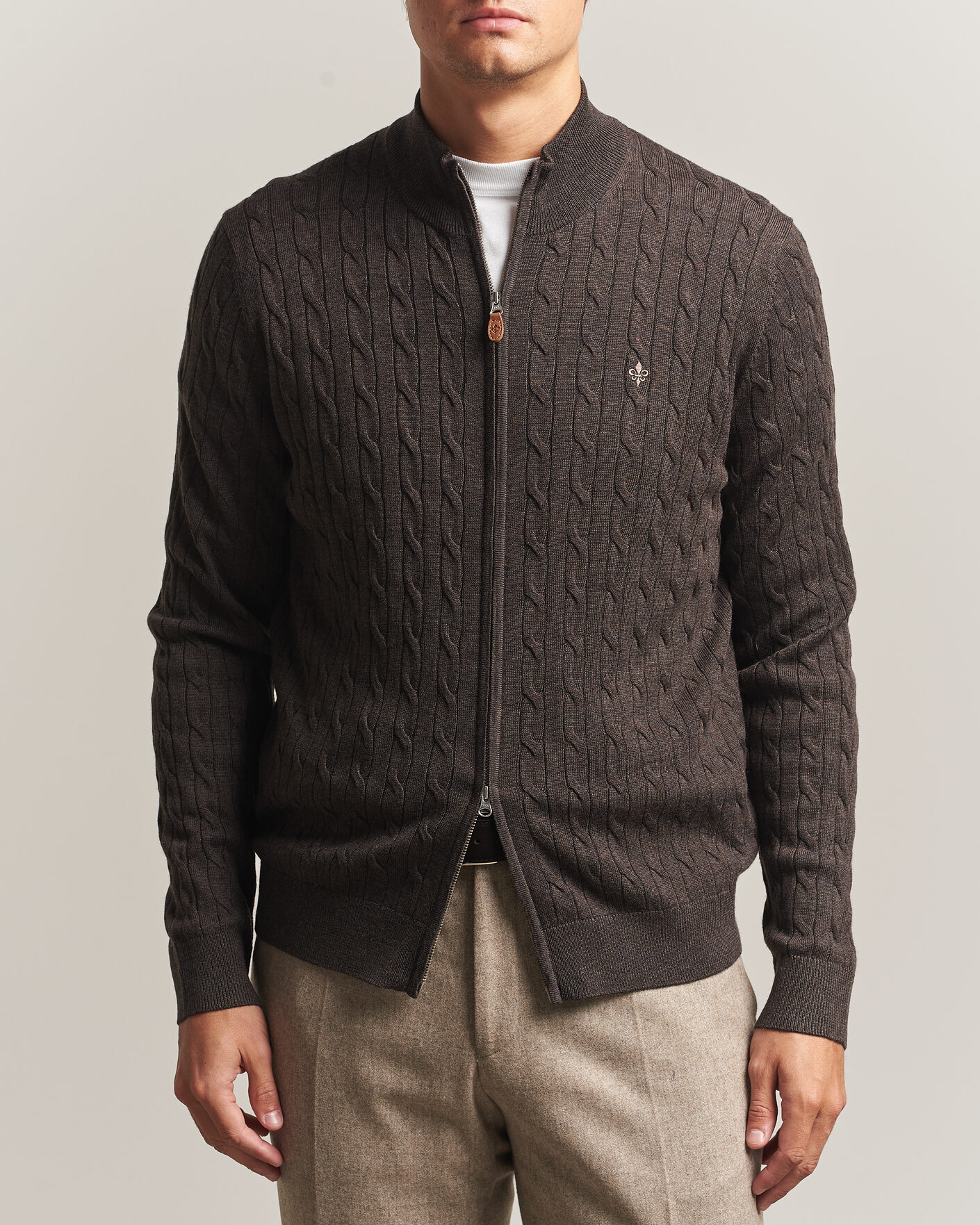 Homme | Pulls Et Tricots | Morris | Merino Cable Zip Cardigan Brown
