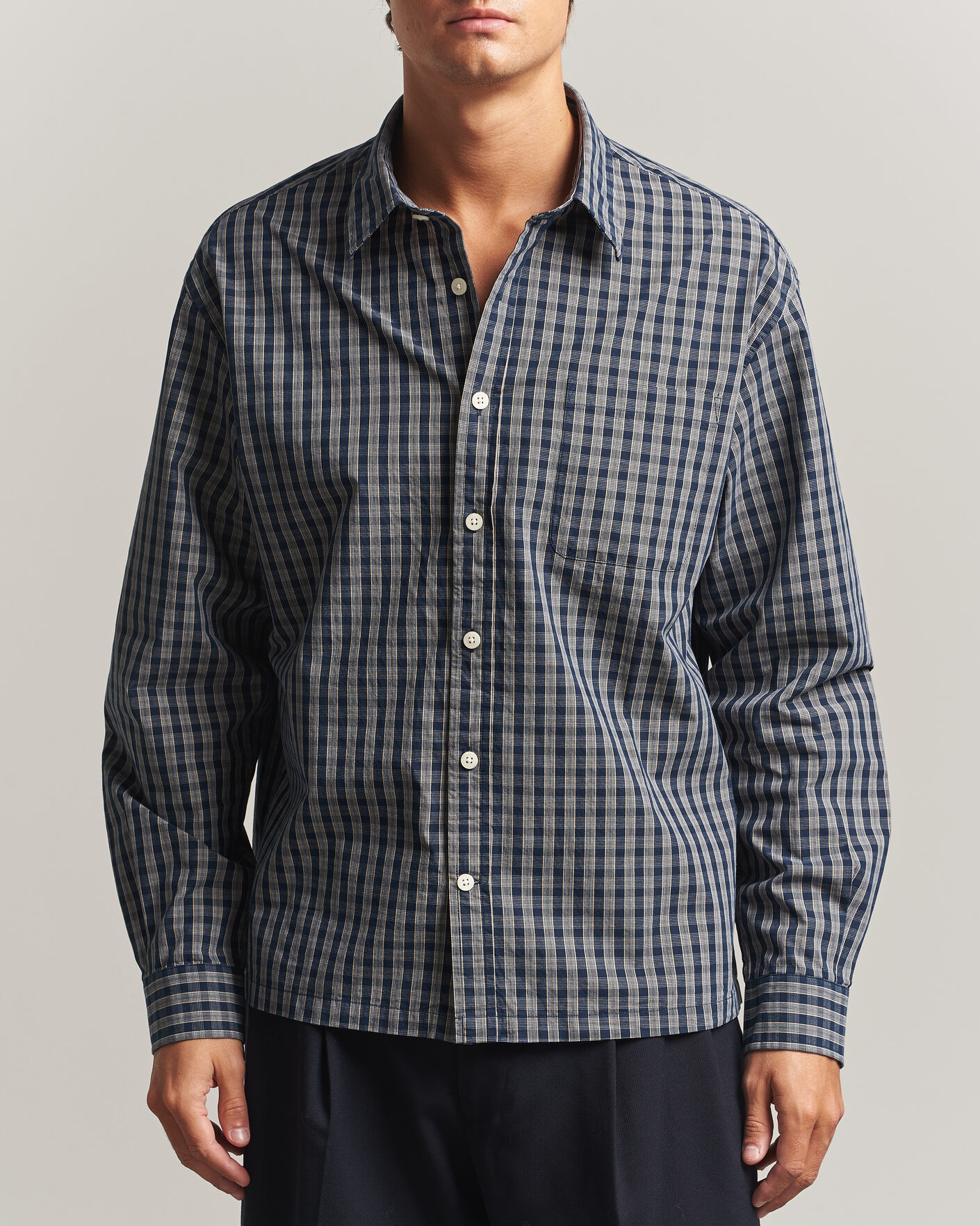 Homme | Chemises | NN07 | Deon Brushed Cotton Checked Shirt Navy Blue