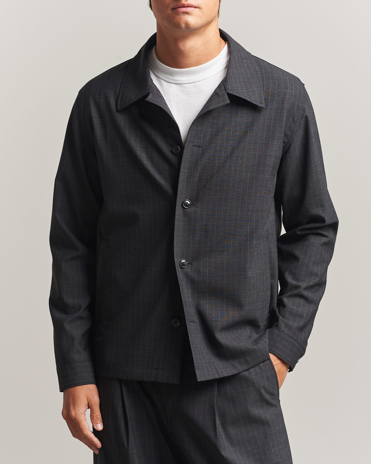 Homme | Chemises | NN07 | Zander Wool Pinstriped Overshirt Dark Grey