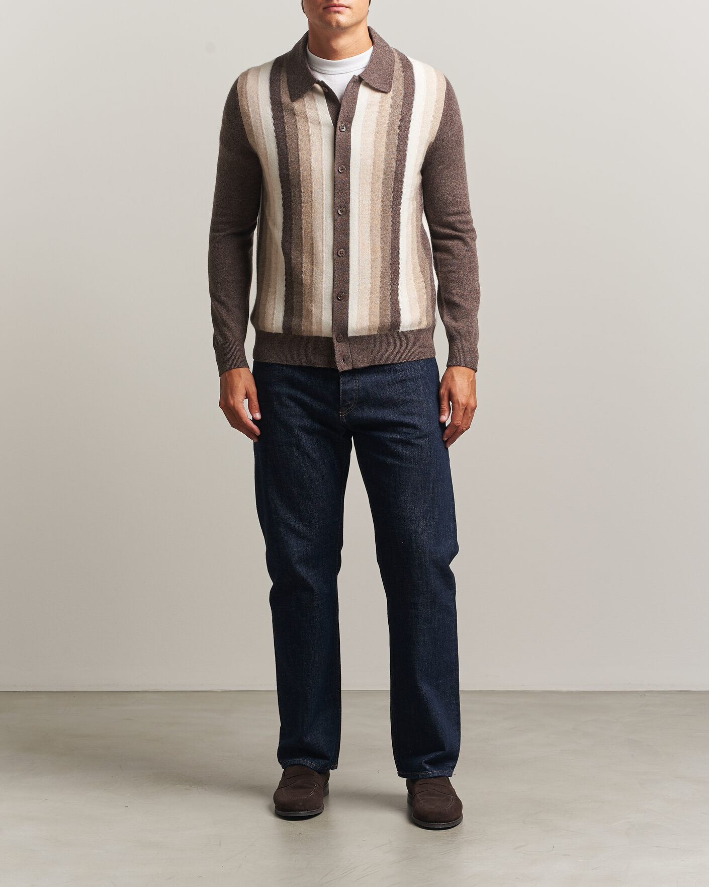 Homme | Pulls Et Tricots | Stenströms | Cashmere Striped Polo Cardigan Brown