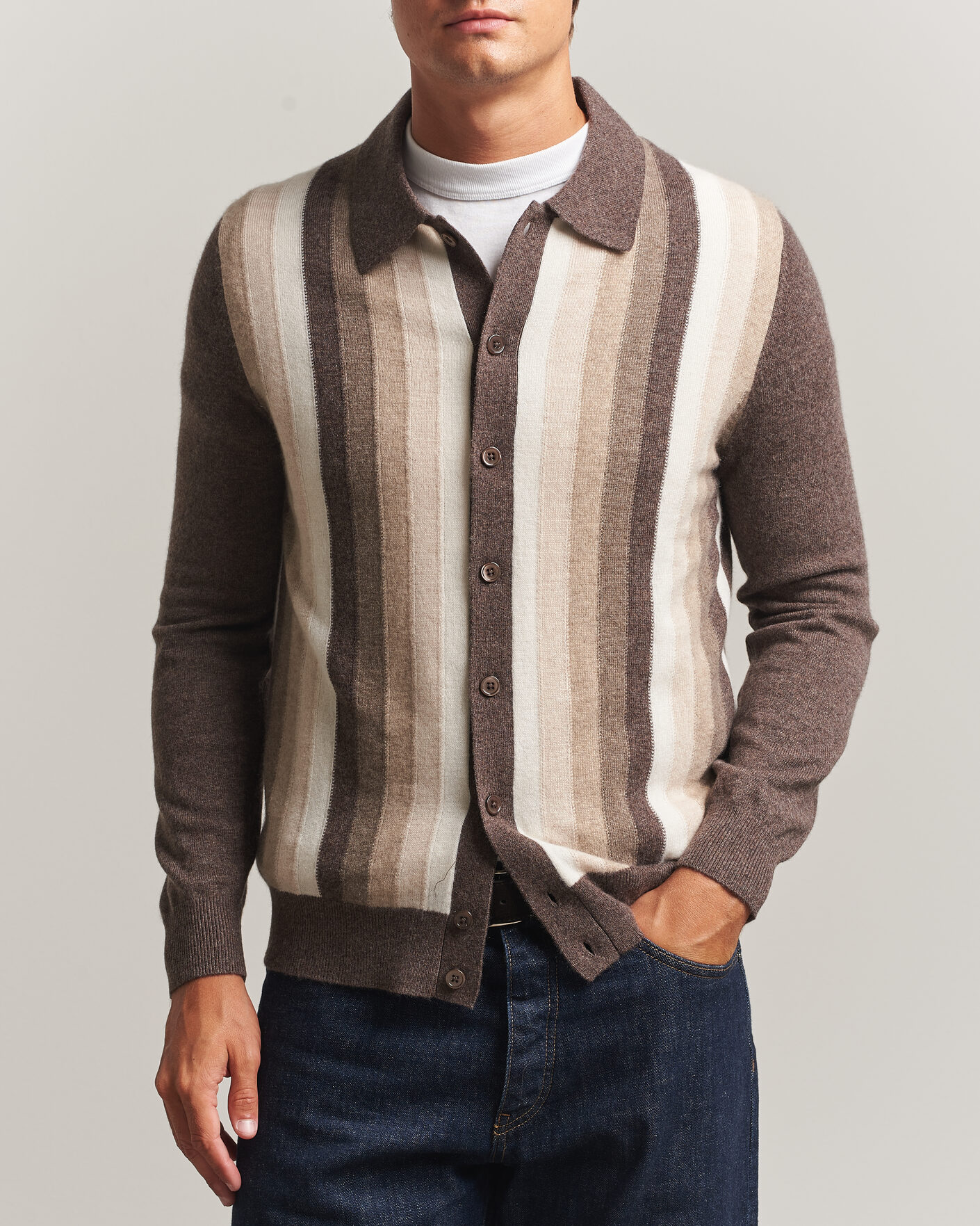 Homme | Pulls Et Tricots | Stenströms | Cashmere Striped Polo Cardigan Brown