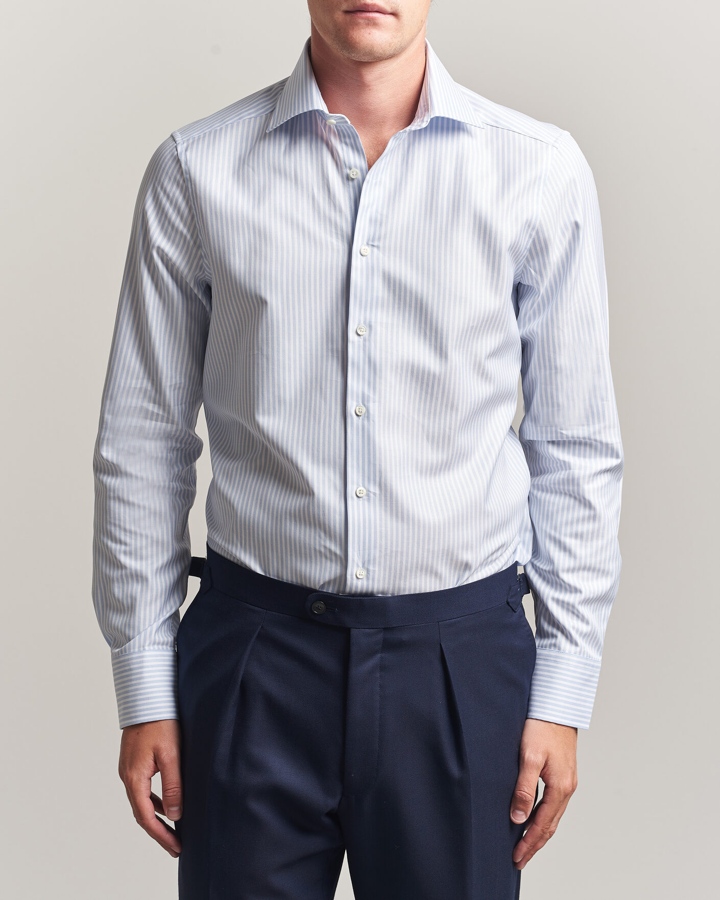 Homme | Chemises | Stenströms | Slimline Twofold Cotton Stripe Shirt Light Blue