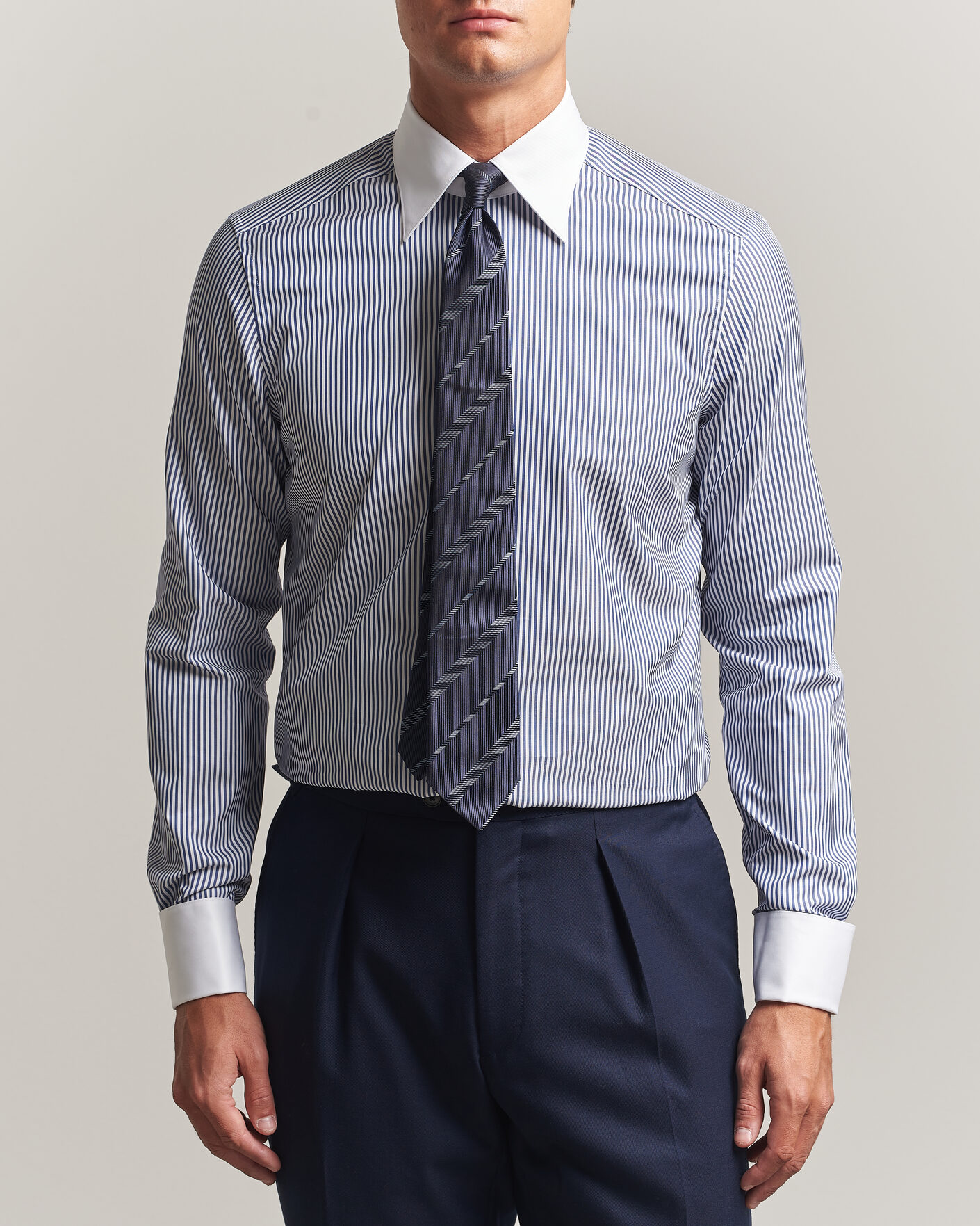 Homme | Chemises | Stenströms | Slimline White Collar Stripe Whinchester Shirt Blue