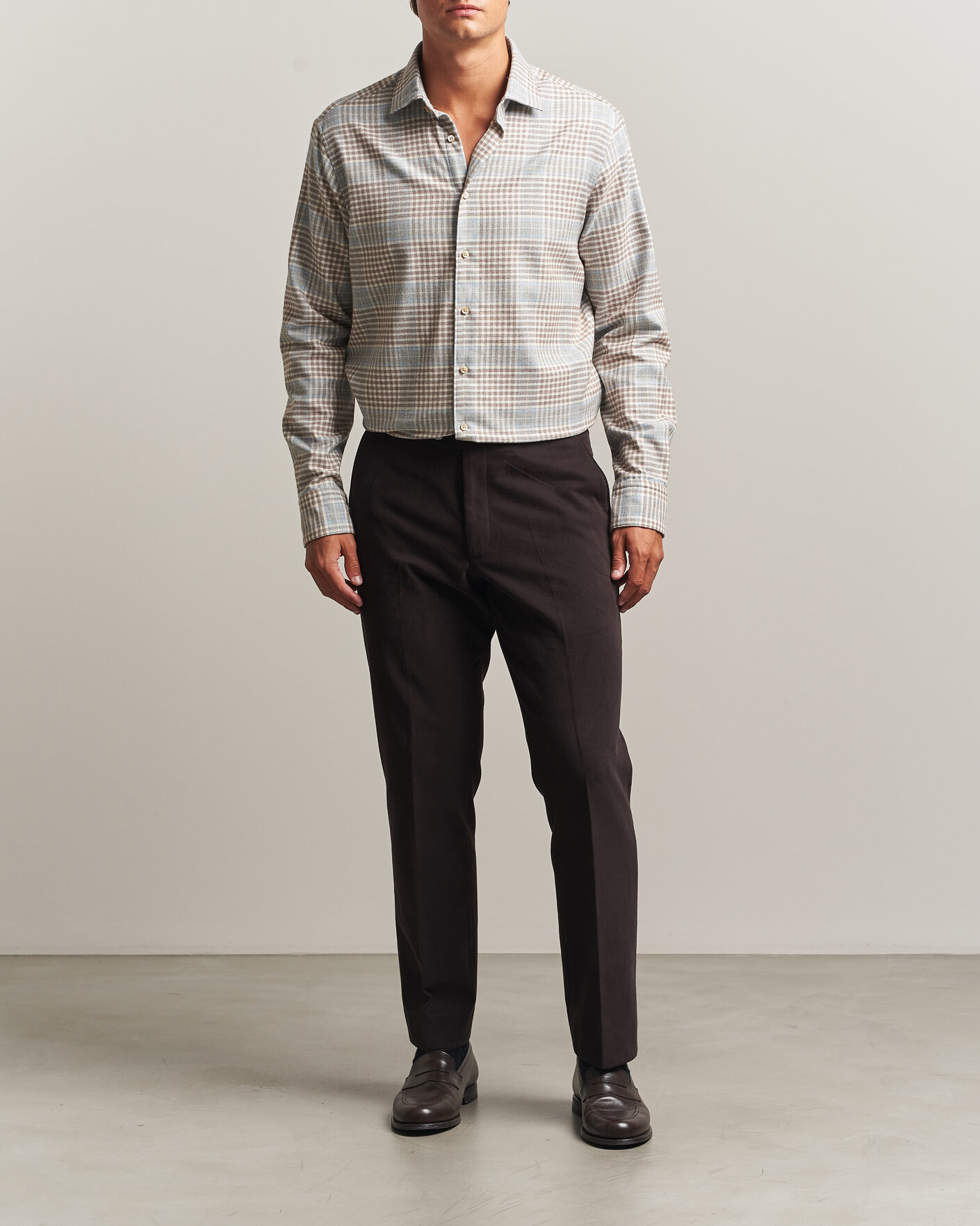 Homme | Chemises | Stenströms | Regular Fit Overcheck Flannel Shirt Light Brown