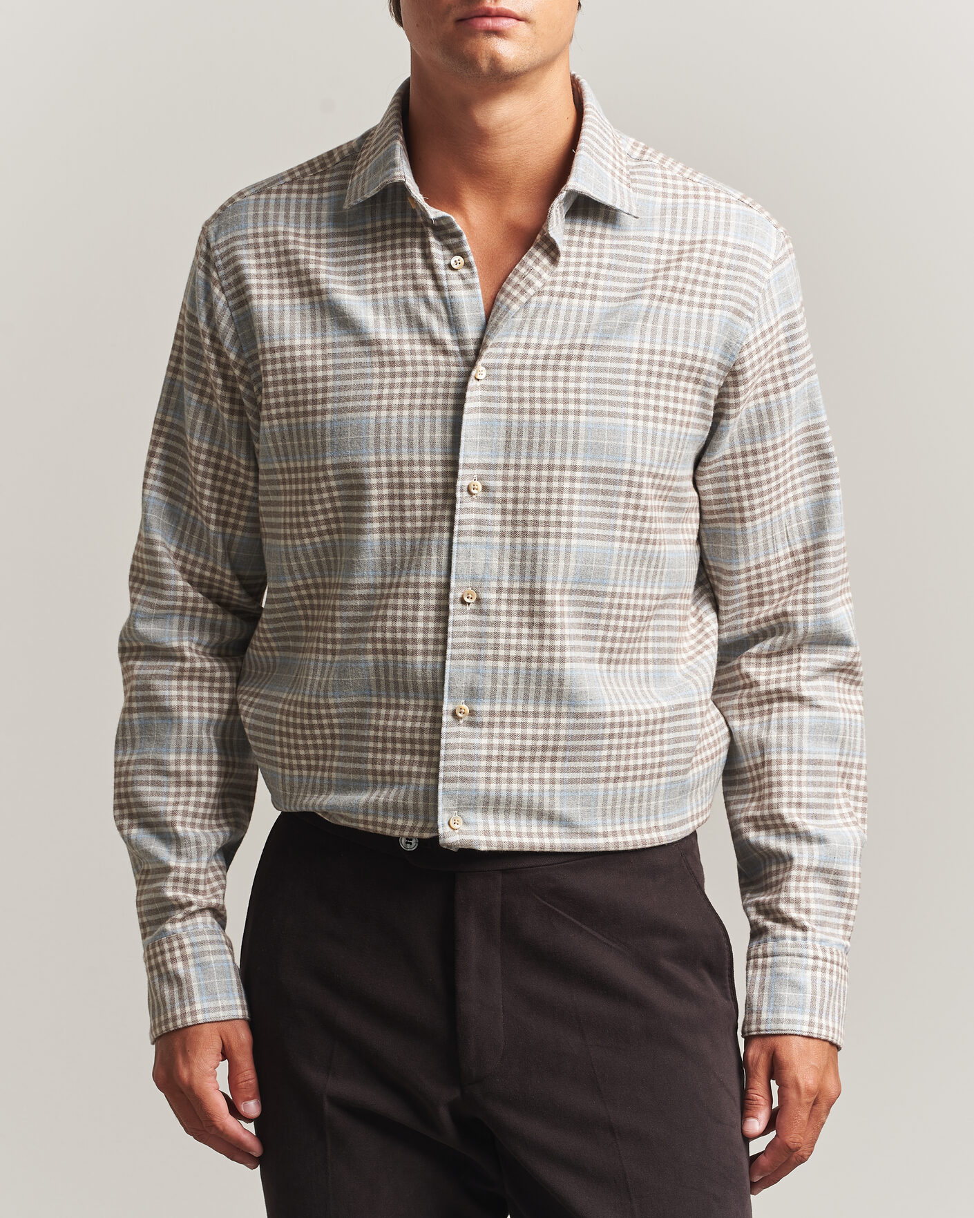 Homme | Chemises | Stenströms | Regular Fit Overcheck Flannel Shirt Light Brown