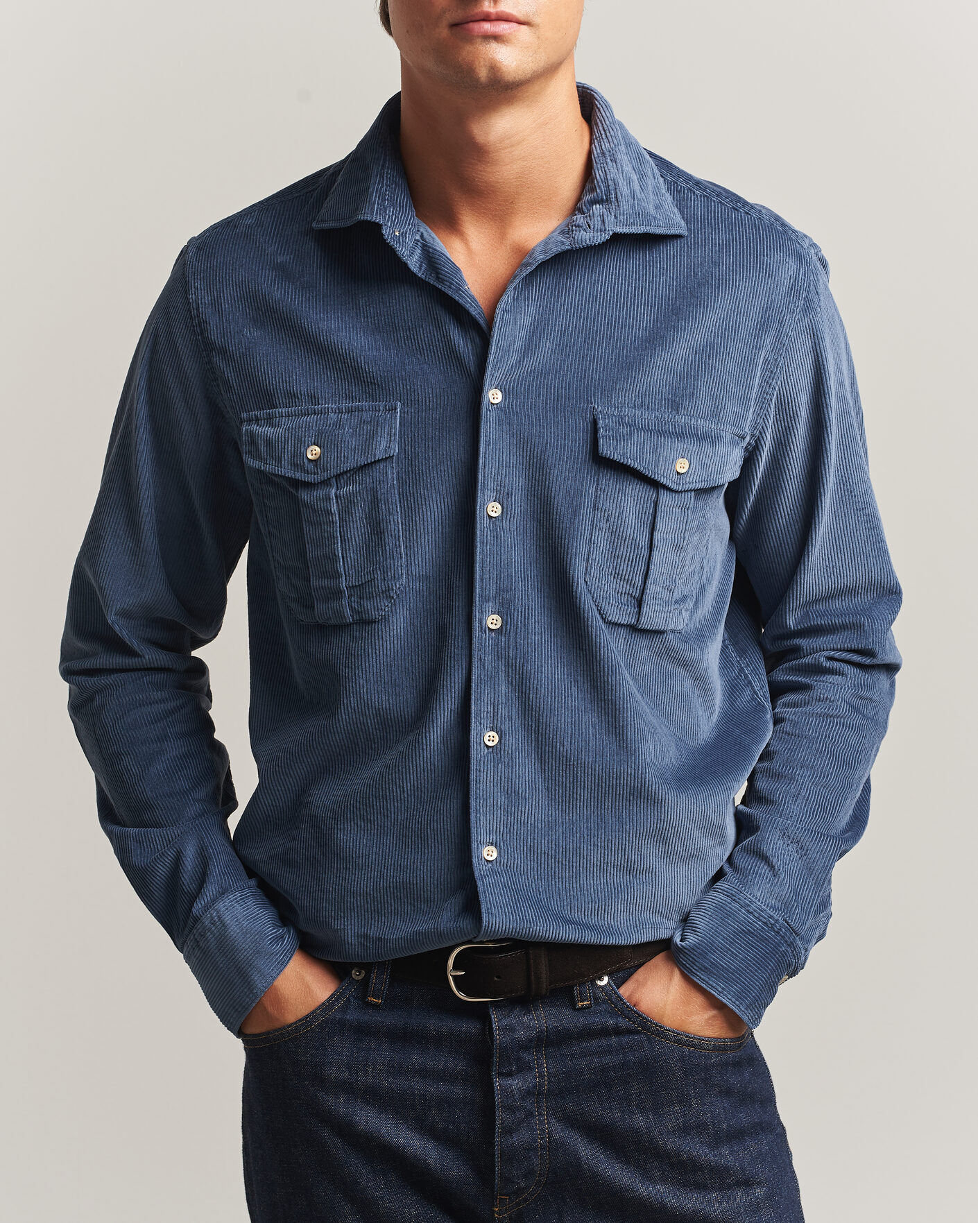 Homme | Chemises | Stenströms | Regular Fit Cord Pocket Shirt Blue