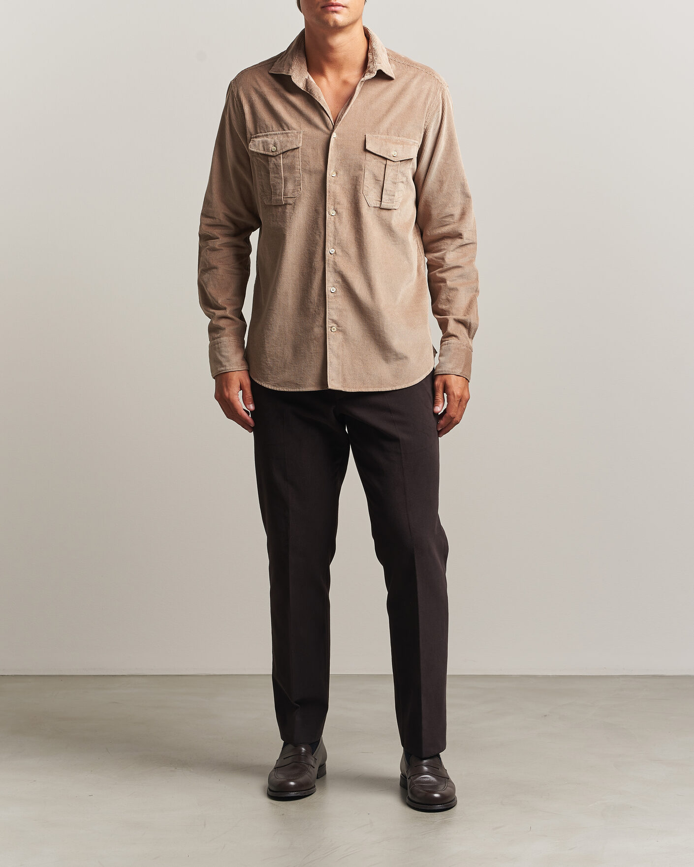 Homme | Chemises | Stenströms | Regular Fit Cord Pocket Shirt Light Brown