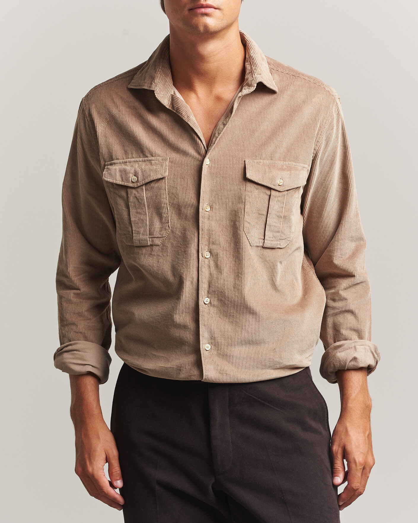 Homme | Chemises | Stenströms | Regular Fit Cord Pocket Shirt Light Brown