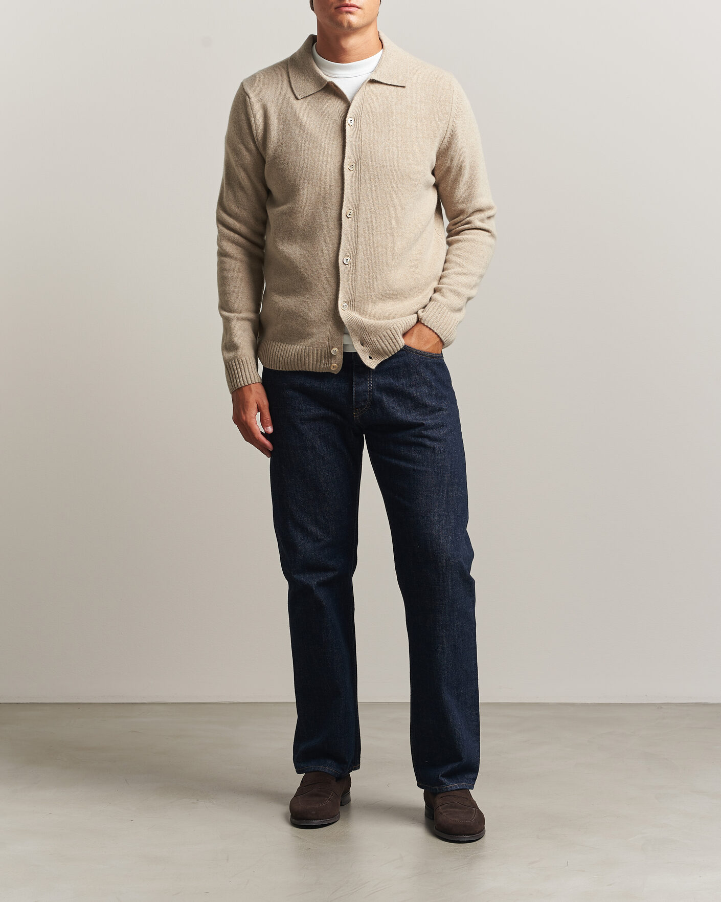 Homme | Pulls Et Tricots | Stenströms | Brushed Merino Polo Cardigan Beige