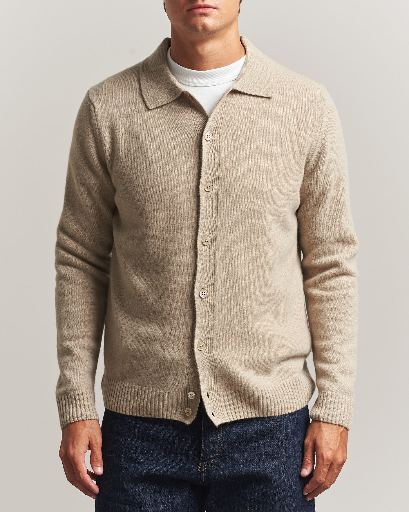 Homme | Pulls Et Tricots | Stenströms | Brushed Merino Polo Cardigan Beige