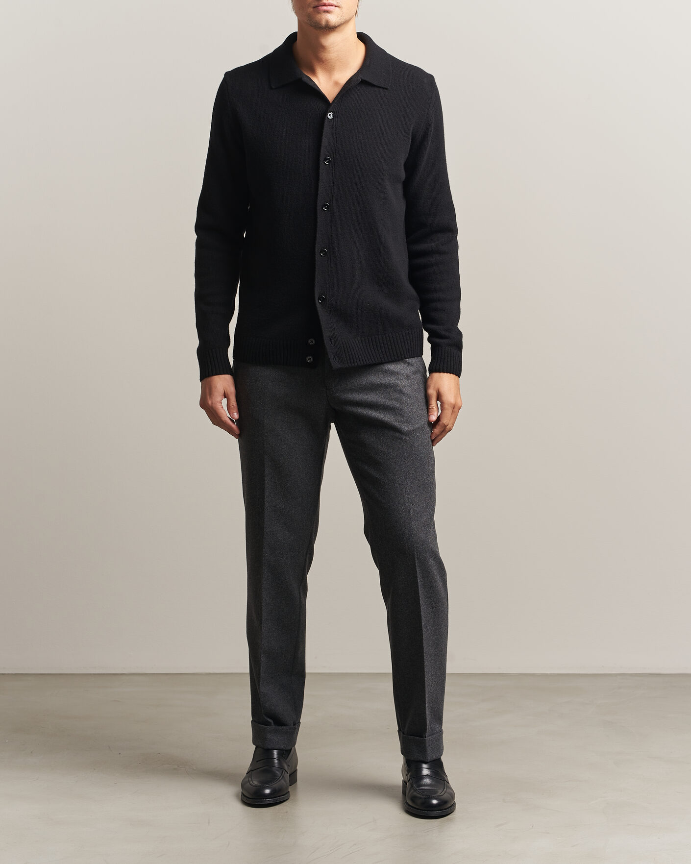 Homme | Pulls Et Tricots | Stenströms | Brushed Merino Polo Cardigan Black