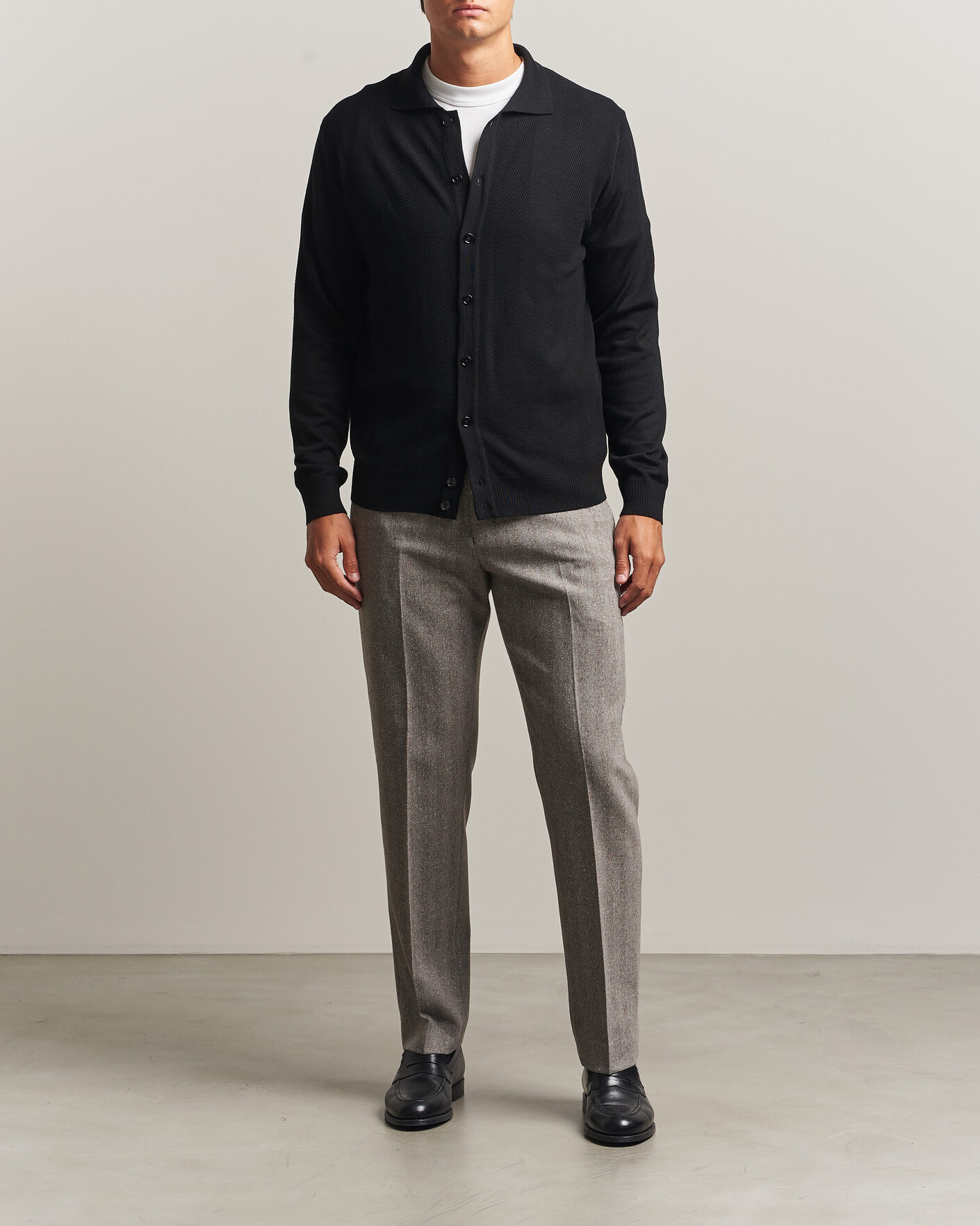 Homme | Pulls Et Tricots | Stenströms | Merino Herringbone Polo Cardigan Black