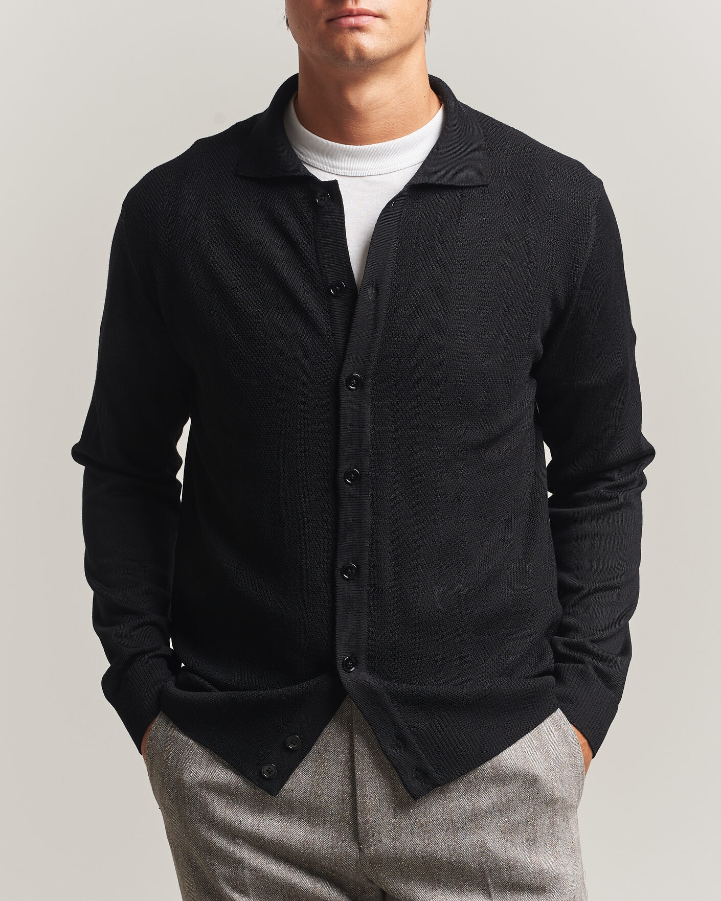 Homme | Pulls Et Tricots | Stenströms | Merino Herringbone Polo Cardigan Black