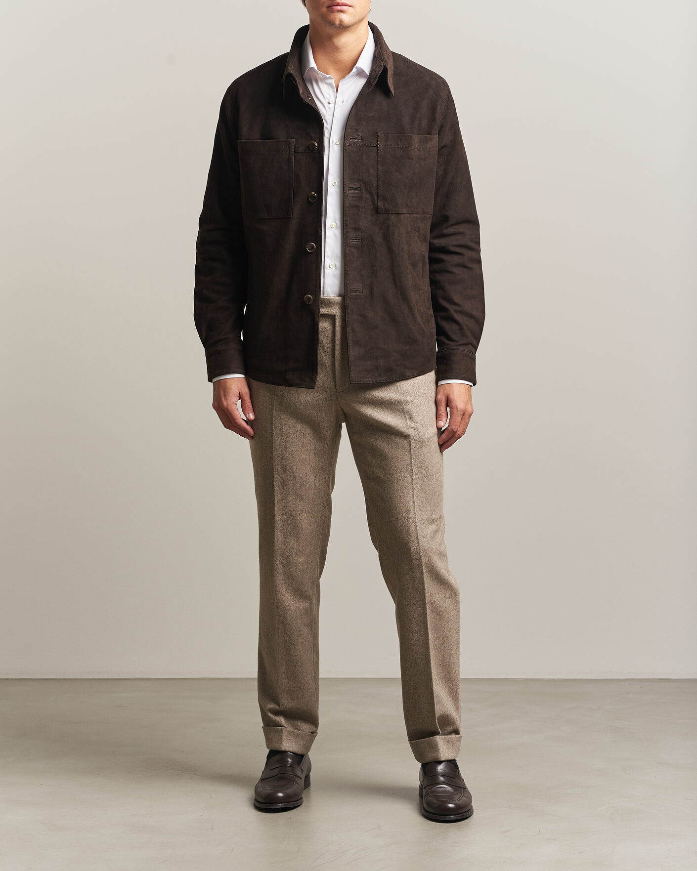 Homme | Chemises | Stenströms | Goat Suede Overshirt Dark Brown