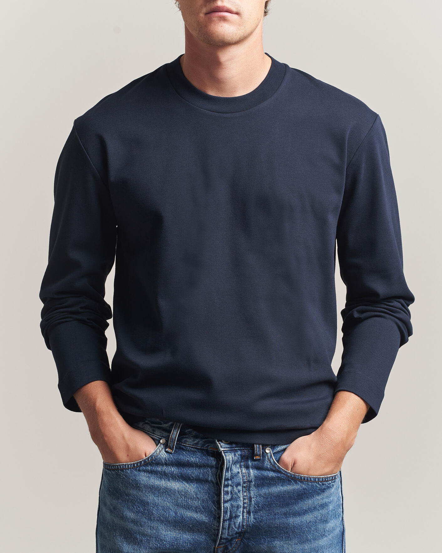Homme | T-shirts | Sunspel | Heavy Weight Supima Cotton Long Sleeve T-Shirt Navy